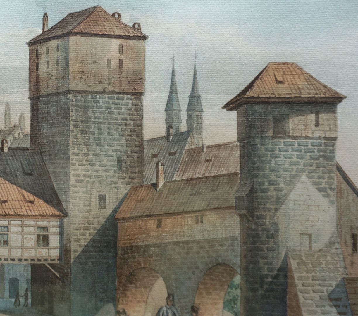 Weinstadel und Henkersteg Detailansicht: links Wasserturm (1320 - 1325 Gefängnis), mitte und rechts Henkerswohnung mit Turm, im Hintergrund die Türme von Sankt Sebald