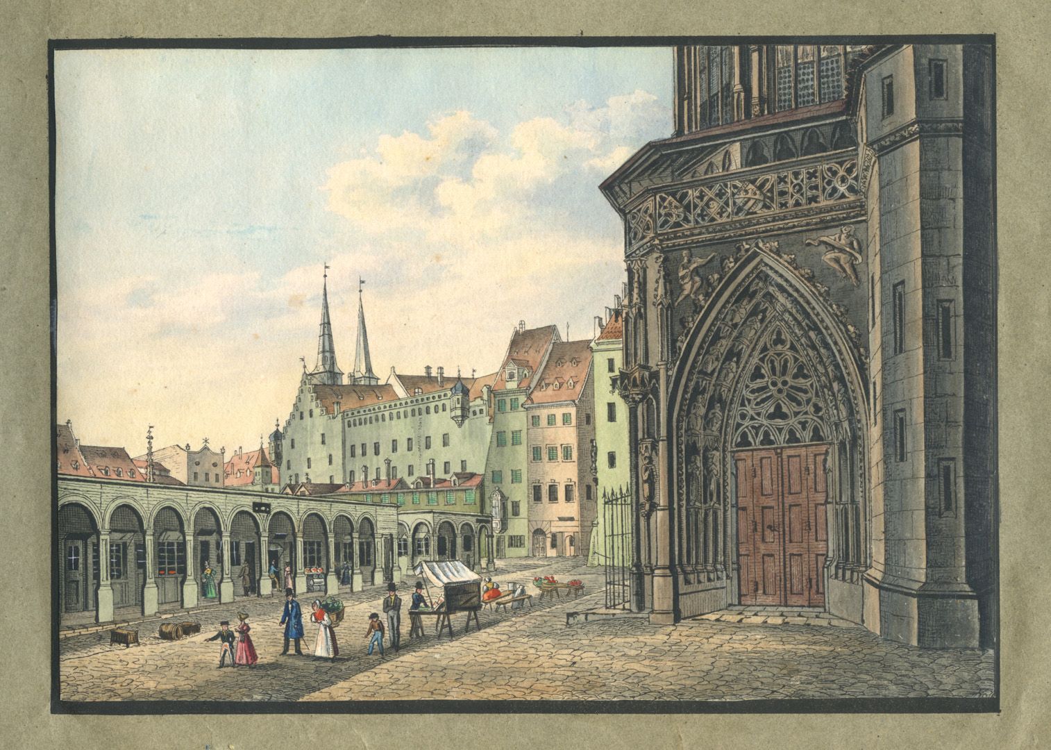 Ansichten von Nürnberg und seinen Umgebungen "Der Marktplatz mit dem linken Seitenportal der Frauenkirche in Nürnberg"