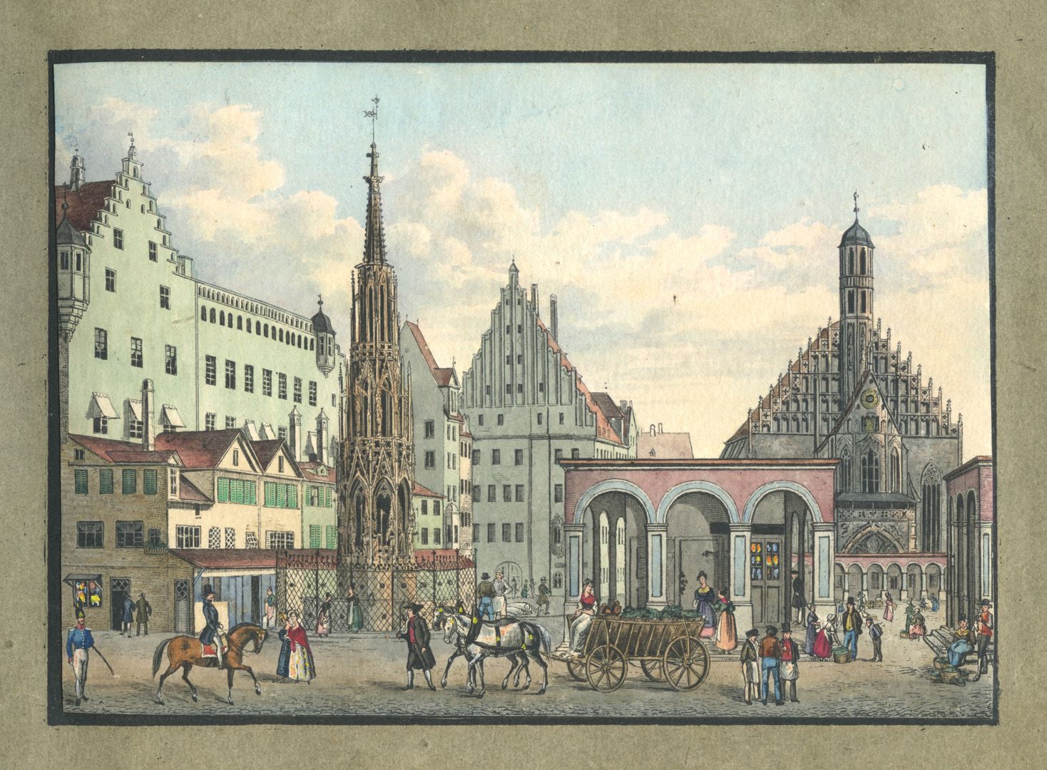 Ansichten von Nürnberg und seinen Umgebungen "Der Marktplatz mit dem schönen Brunnen in Nürnberg"