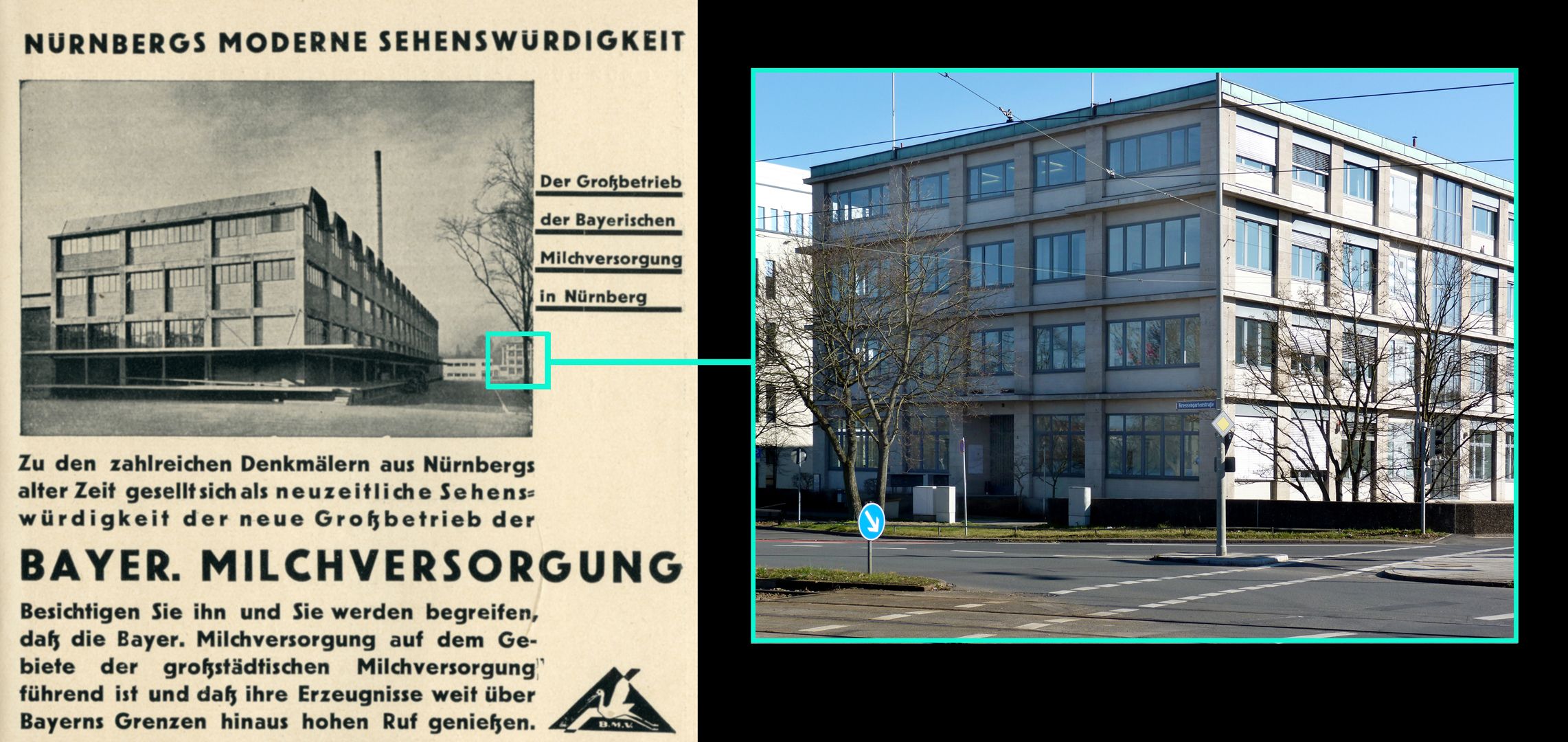 Milchhof Bildvergleich / Anzeige und Verwaltungsgebäude (einzig noch stehender Rest der 2008 abgerissenen Anlage)