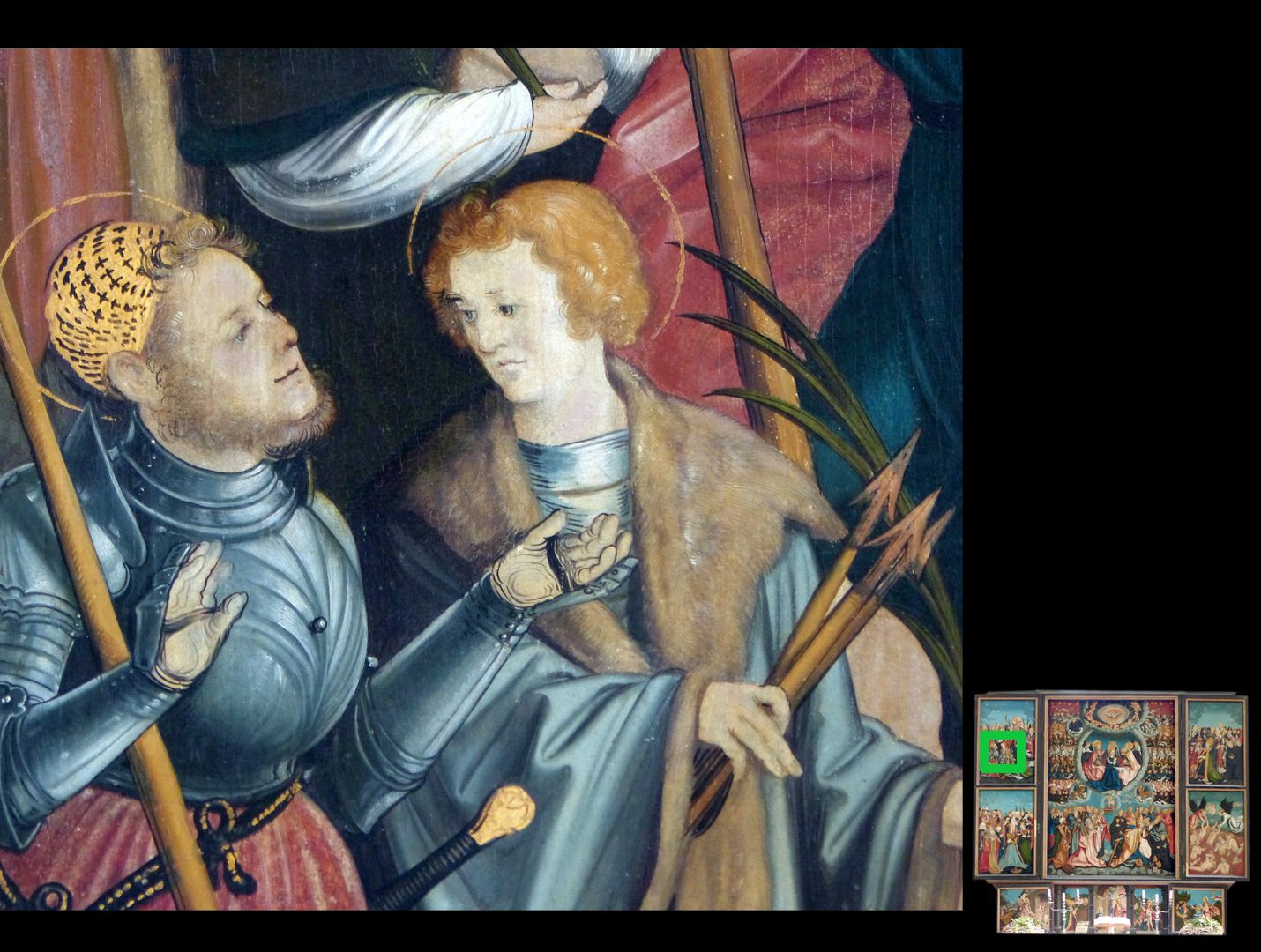 Auhauser Allerheiligenaltar linker Flügel mit Märtyrern, Detailansicht mit den Hll. Georg und Sebastian