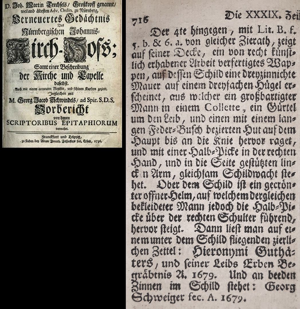Epitaph für Hieronymus Gutthäter Auszug aus Joh. Martin Trechsels, Großkopf genannt: "Verneuertes Gedächtnis des nürnbergischen Johannis Kirch Hof ..." , Franckf. & Leipzig 1735