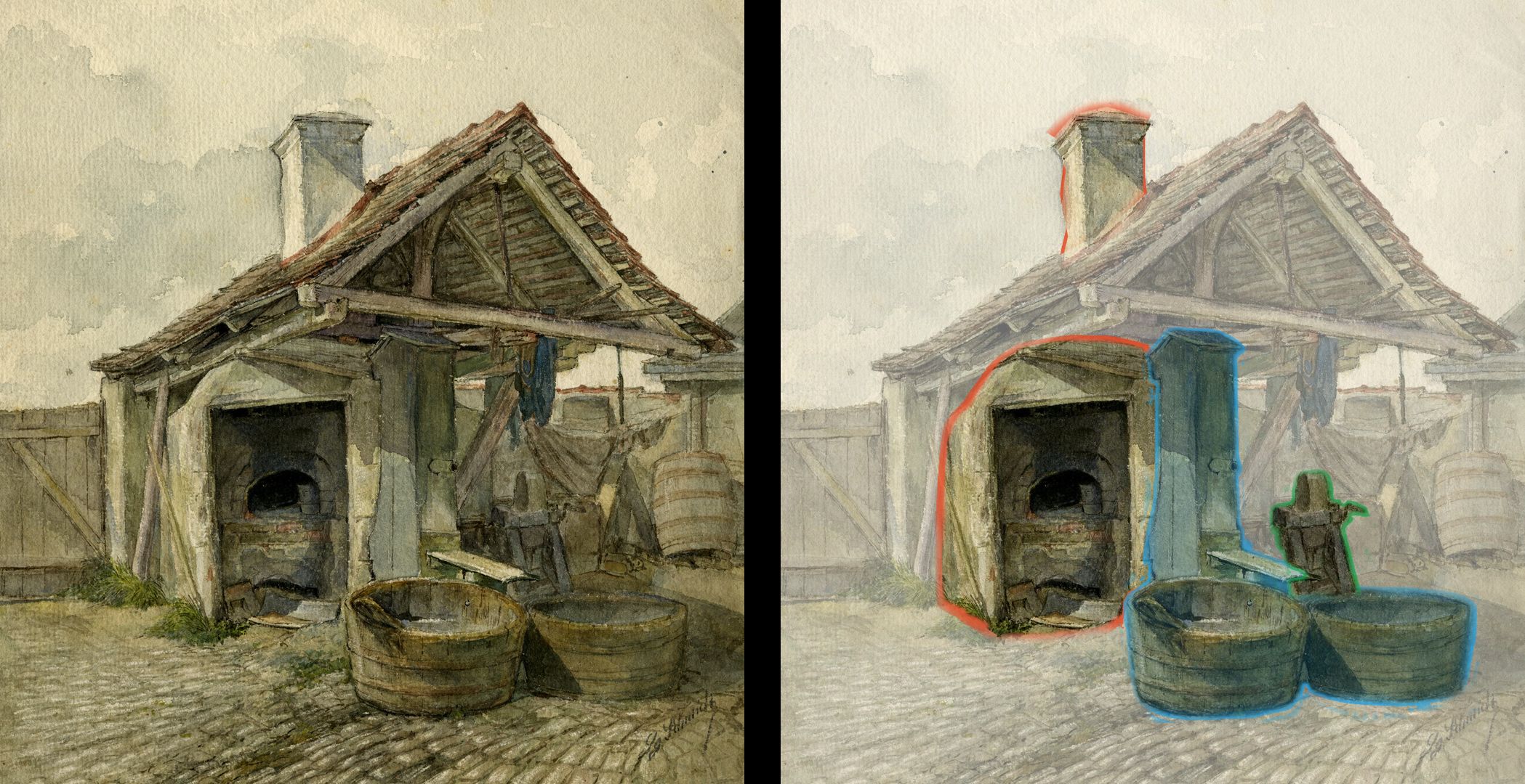 Schmausengarten, Backofen und Brunnen unter einem Dach von links nach rechts: Backhaus, Brunnen mit zwei Wäschetrögen, Schleifstein