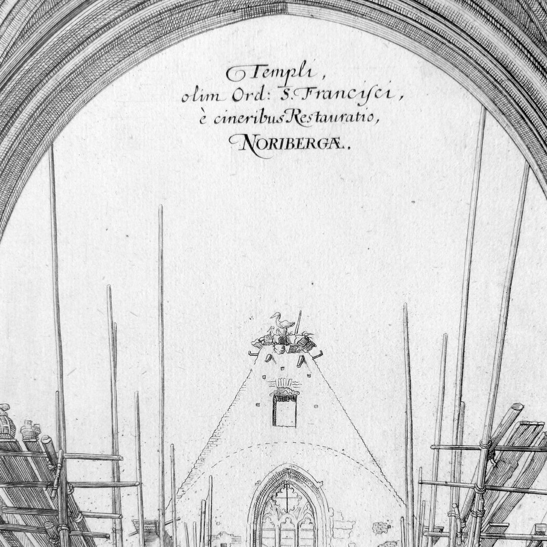 „Urbis Norimbergensis Insigniorum Templorum …“ Barfüßerkirche obere Bildhälfte, Detail