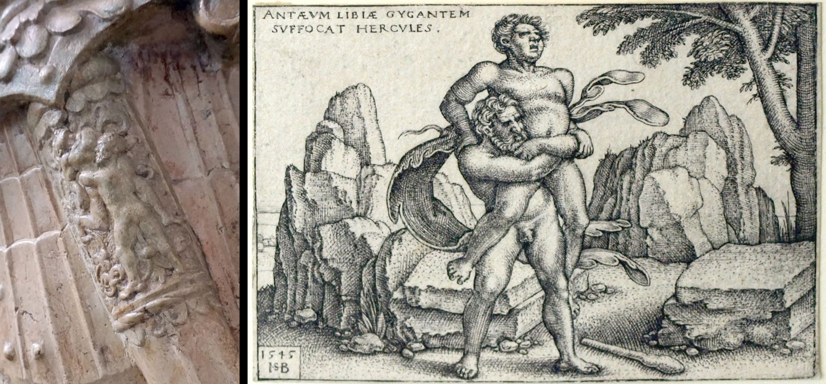 Grabplatte des Bartholomäus Haller von Hallerstein Bildvergleich mit "Hercules erwürgt den Riesen Antaeus von Libyen" (1545) aus "Die Taten den Hercules" von Sebald Beham