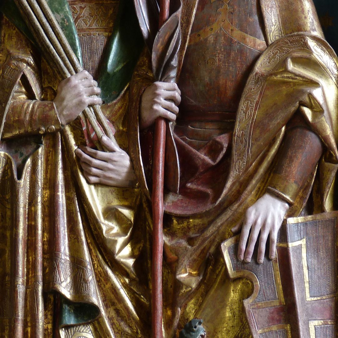 Beerbacher Altar ev. Pfarrkirche, rechter Seitenflügel, hl. Georg und hl. Sebastian, Detail