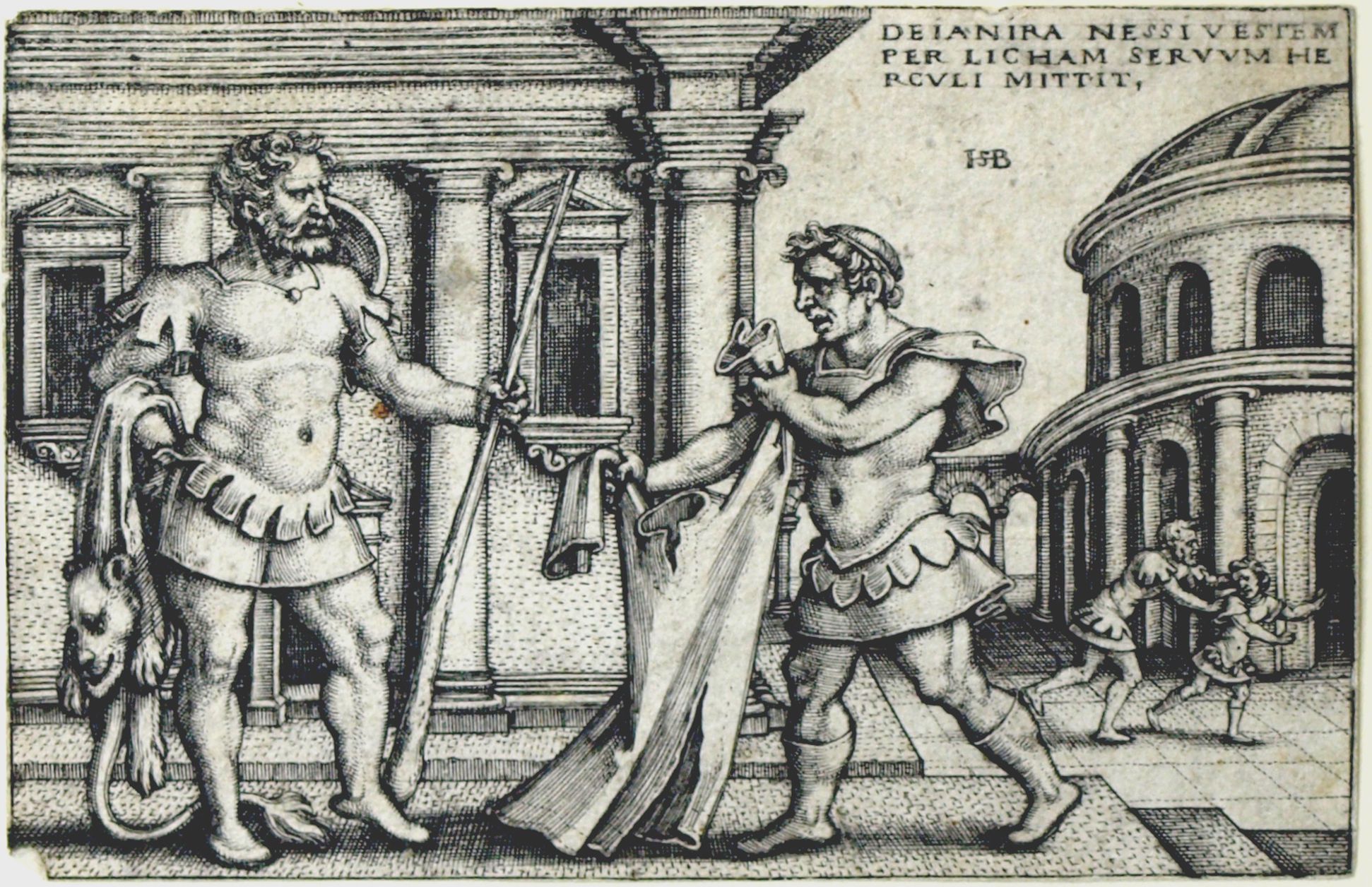 Die Taten des Hercules Dejanira schickt Hercules das Gewand des Nessus durch den Sklaven Lichas, 53 x 78 mm