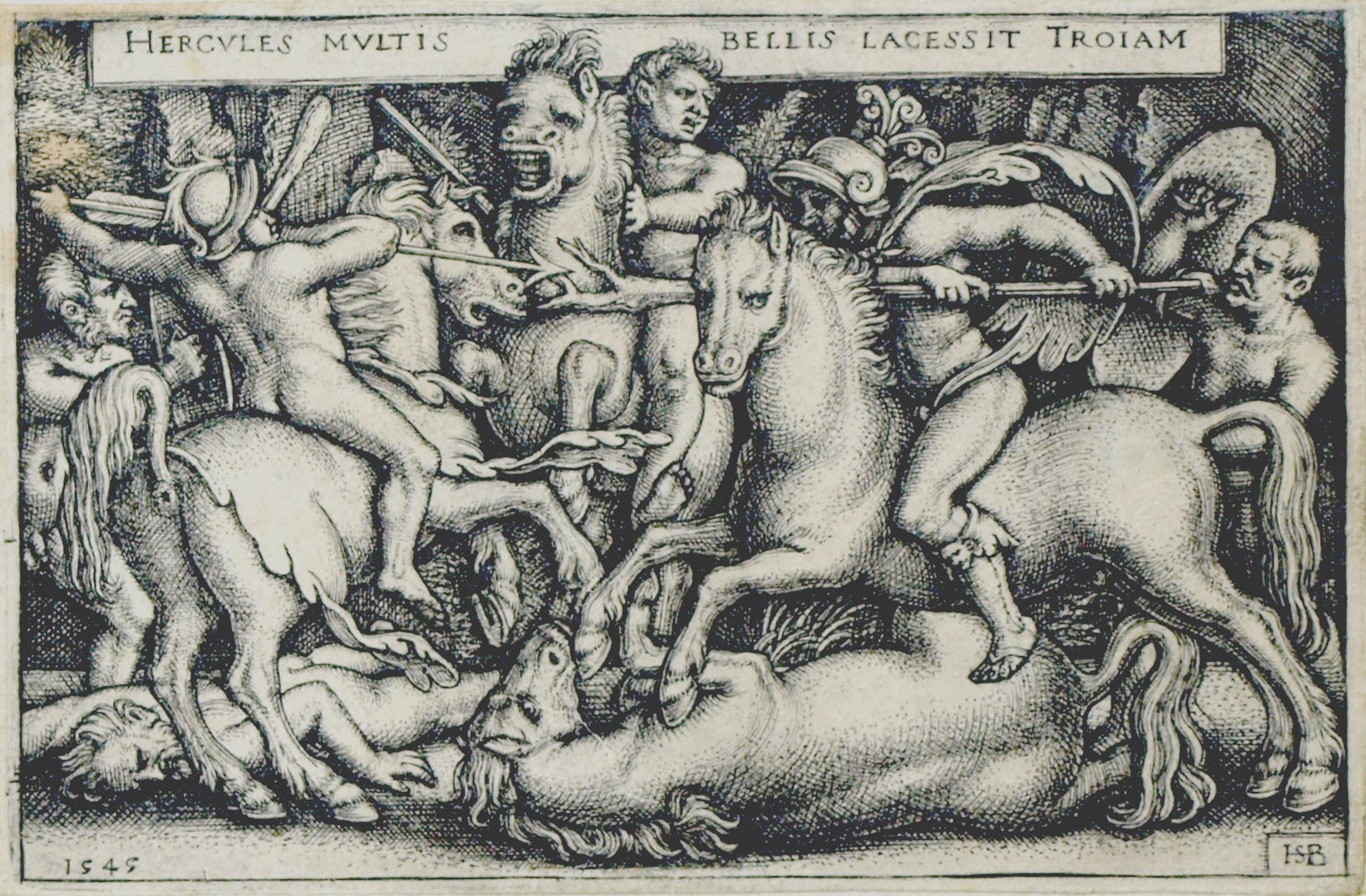 Die Taten des Hercules Hercules fordert Troja durch viele Kriege heraus, 1545, 51 x 77 mm