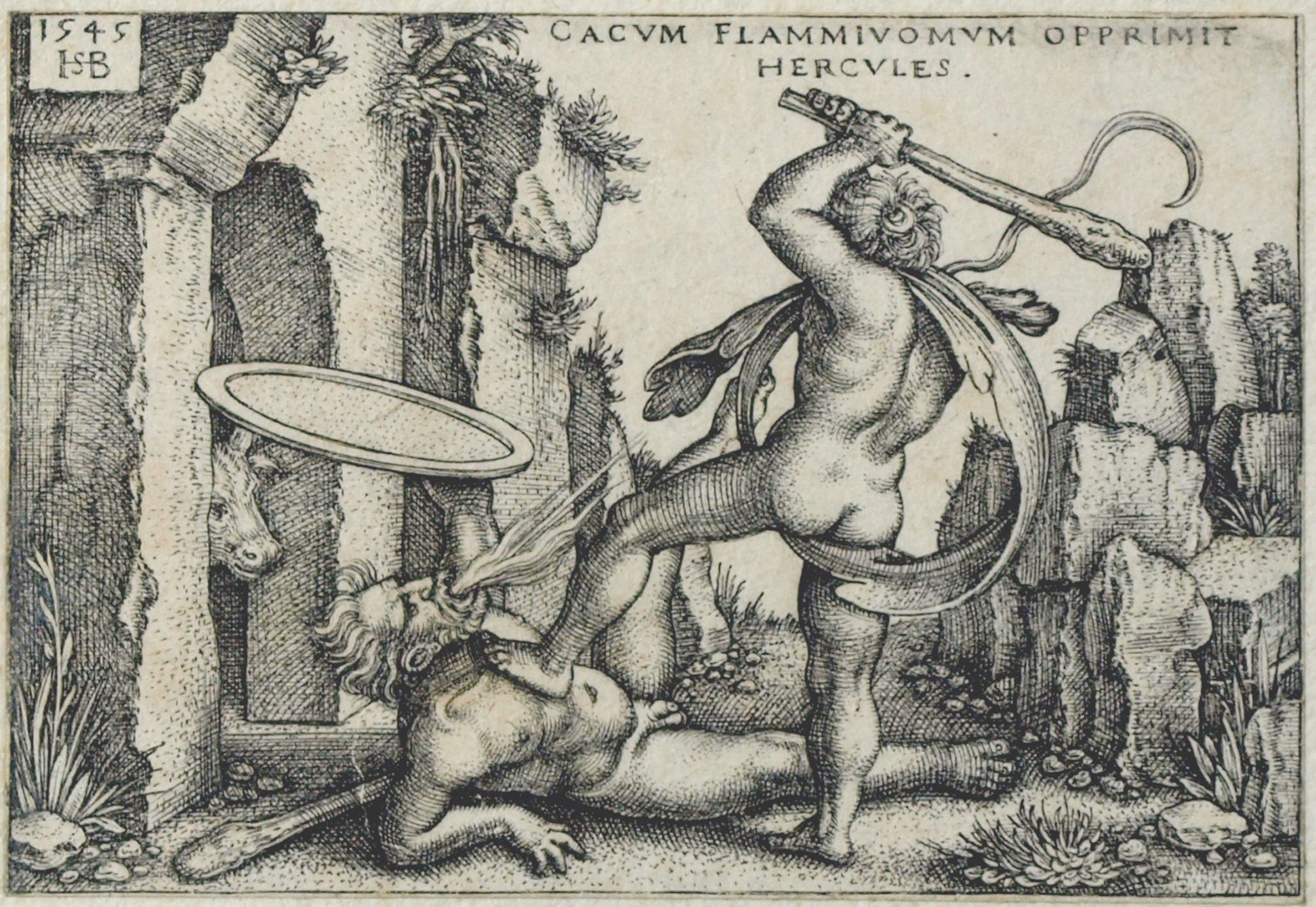 Die Taten des Hercules Hercules überwältigt den flammenspeienden Cacus, 1545, 48 x 70 mm