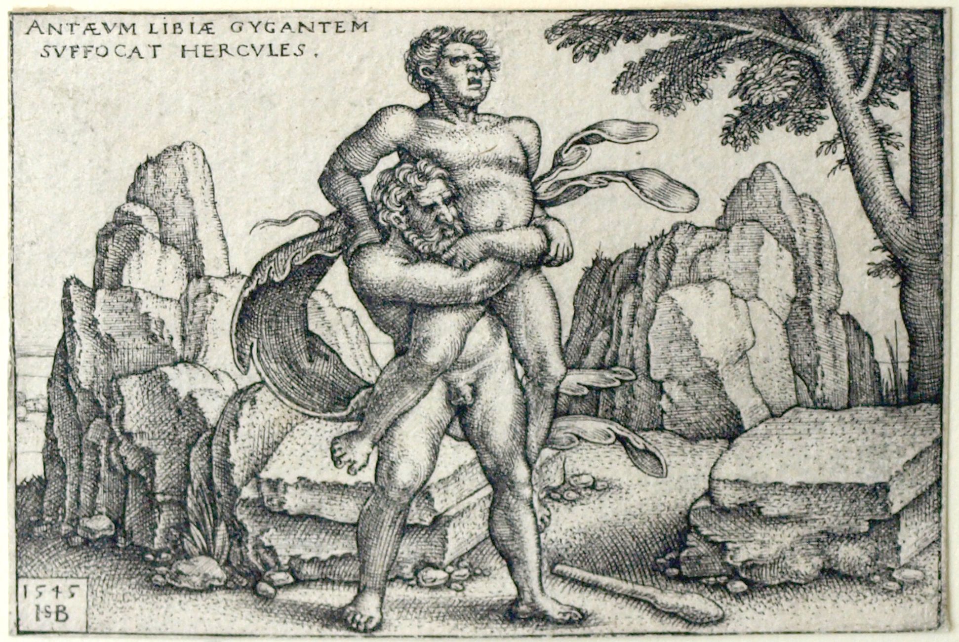 Die Taten des Hercules Hercules erwürgt den Riesen Antaeus von Libyen, 48 x 70 mm