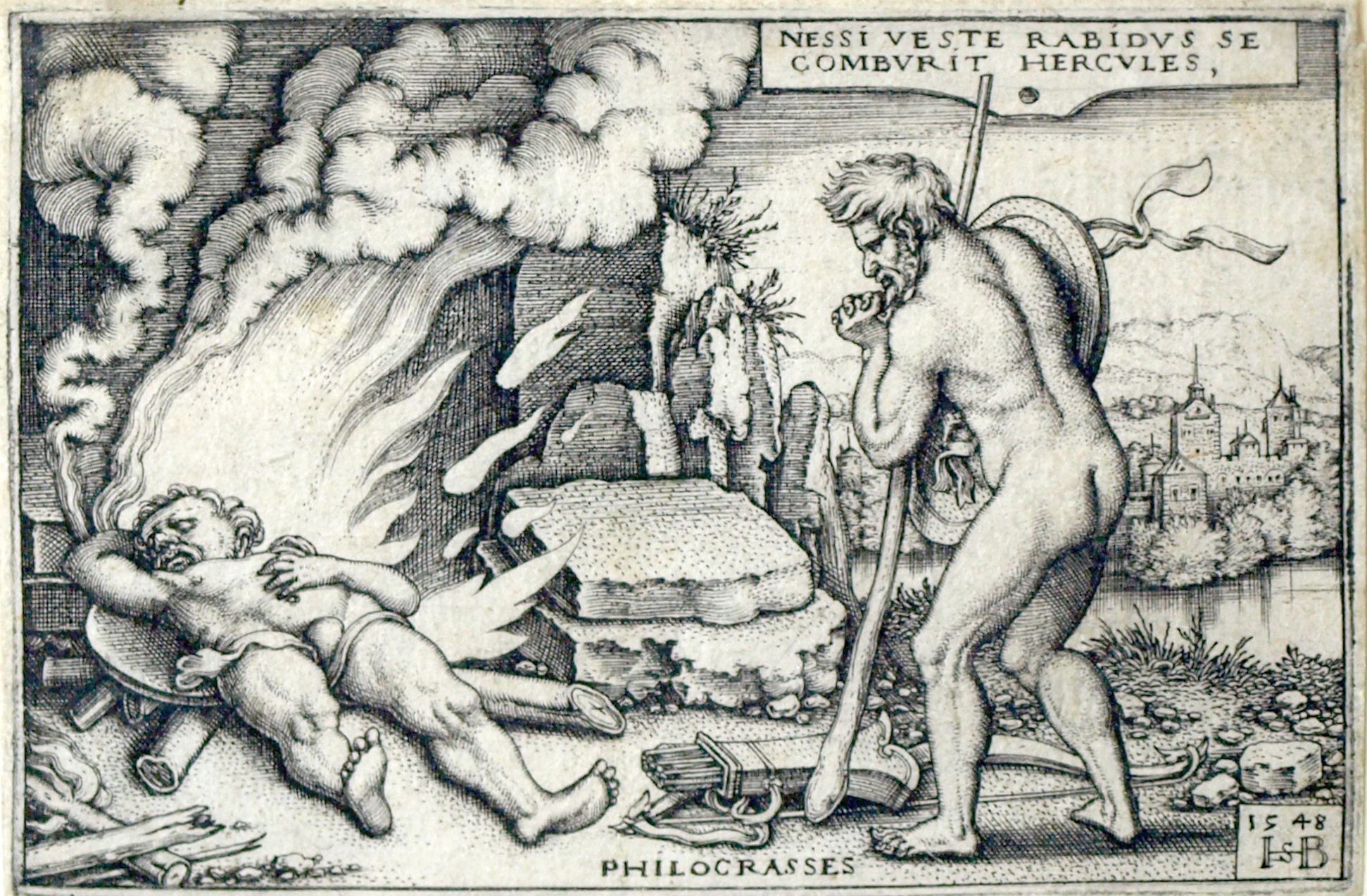Die Taten des Hercules rasend (gemacht) durch das Gewand des Nessus verbrennt sich Hercules, 1548, 52 x 77 mm