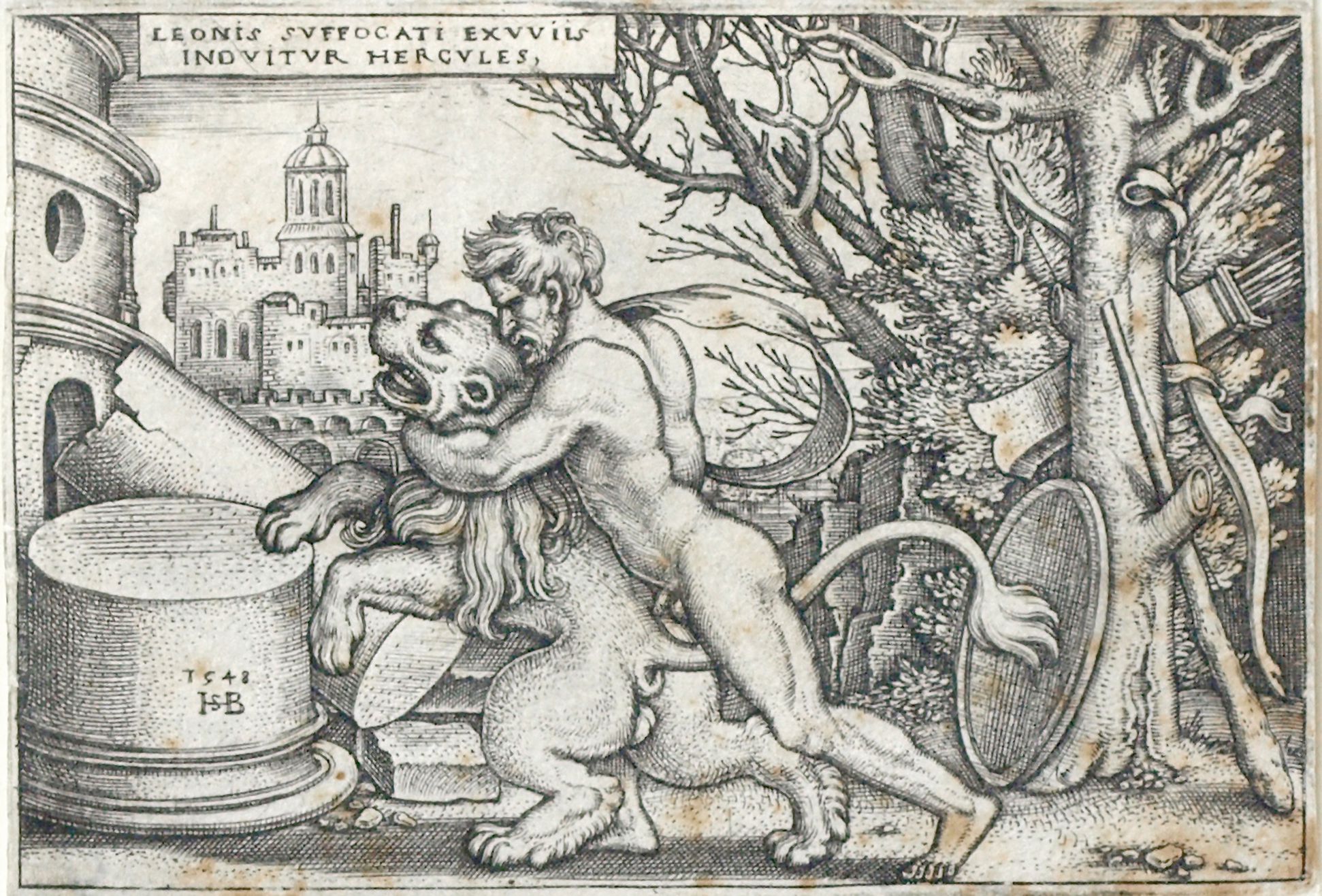 Die Taten des Hercules Hercules erwürgt den Nemeischen Löwen, 1548, 52 x 77 mm