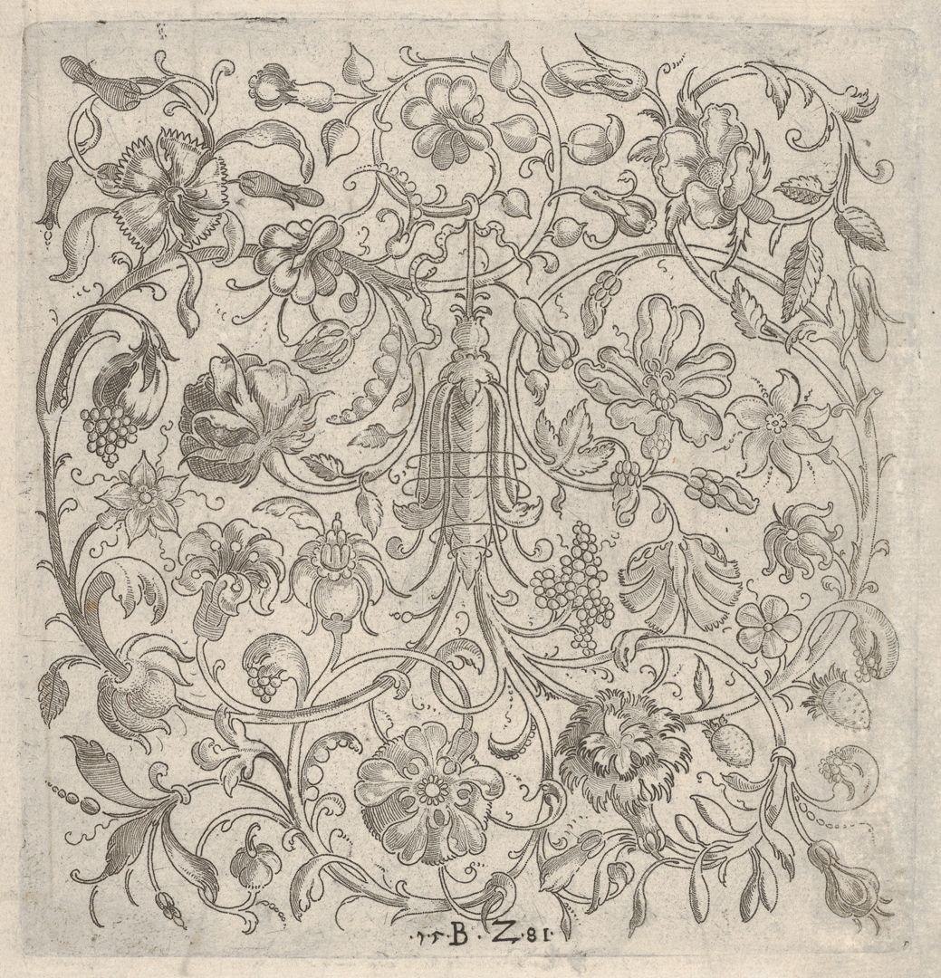 Quadratische Tafel mit pflanzlichem Rankenwerk, Blumen und Früchten 