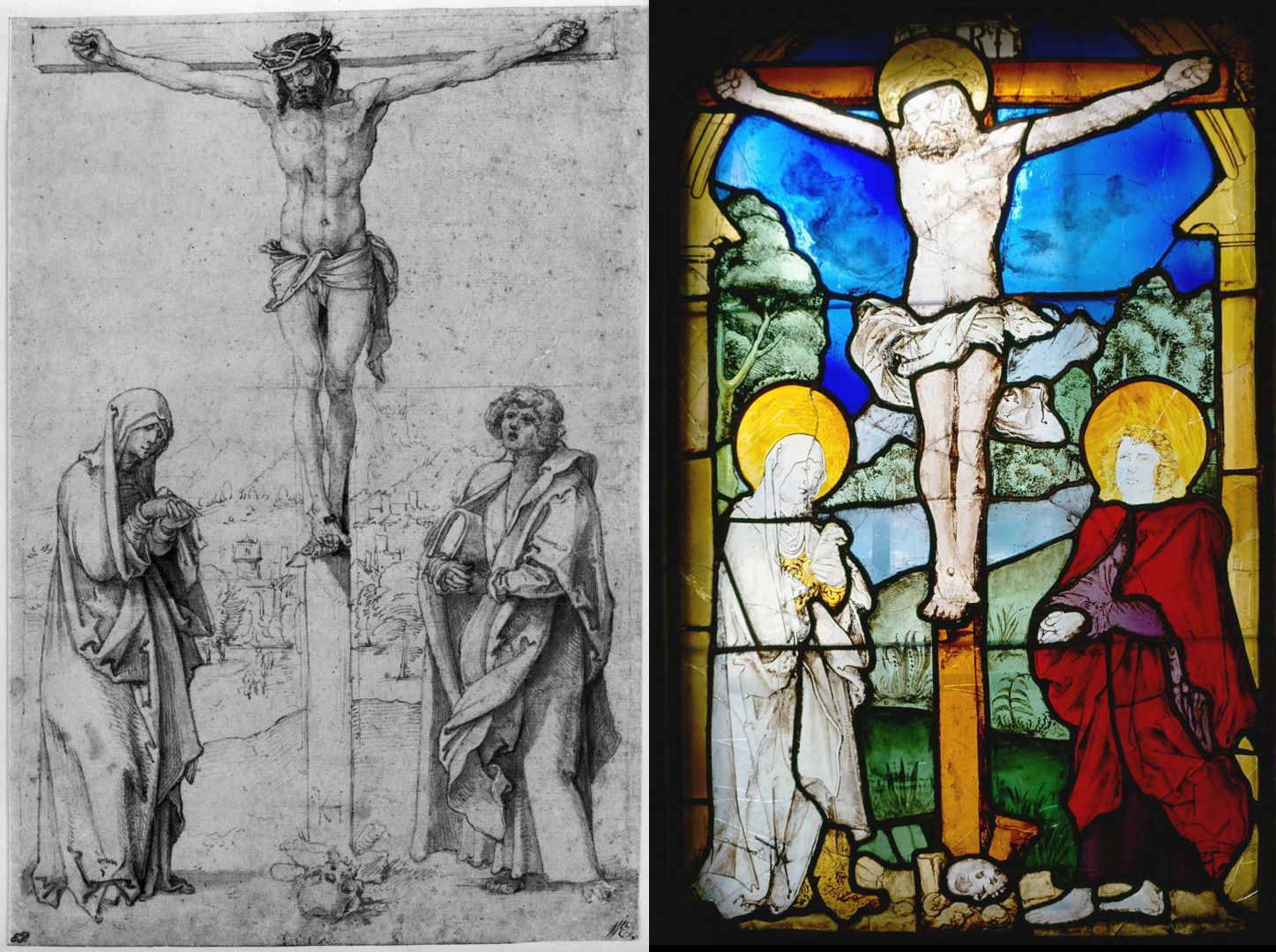 Kreuzigung Bildvergleich mit Fenster aus der nördlichen Sakristei von St. Sebald ind Nürnberg