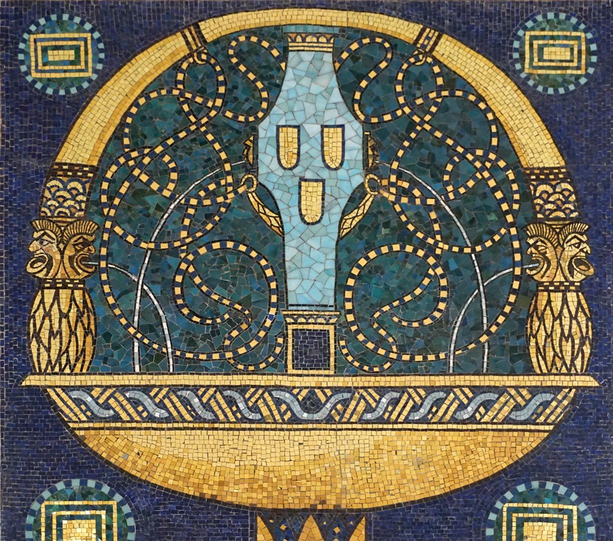 Brunnen mit Malerschilden Detailansicht mit Brunnenschale und mittig Rossstirnschild mit den drei Malerschilden