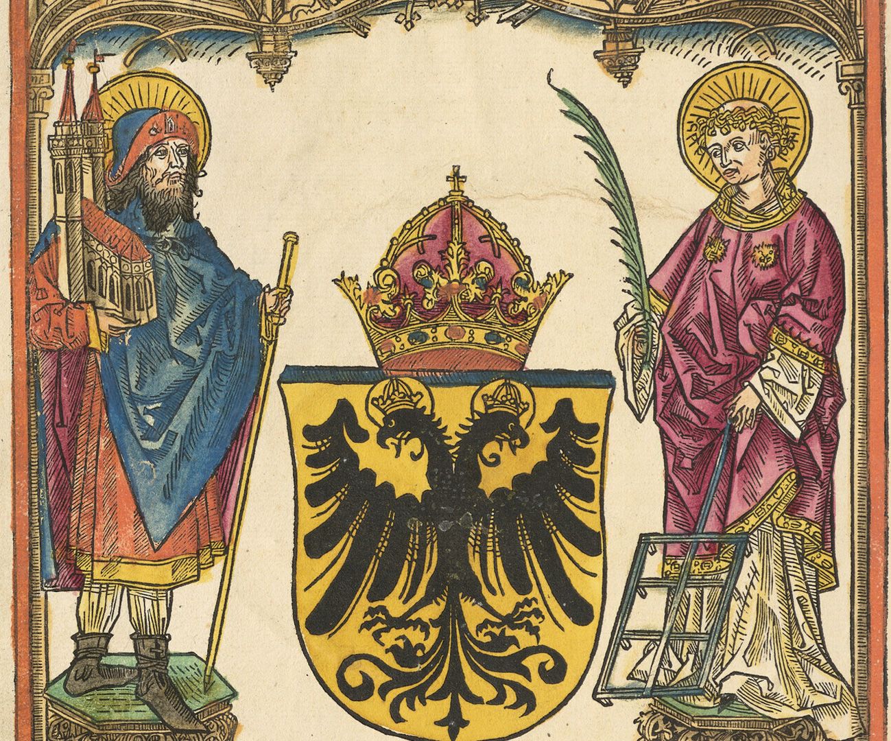 Reformation der Stadt Nürnberg Detailansicht mit den Stadtheiligen Sebald und Lorenz