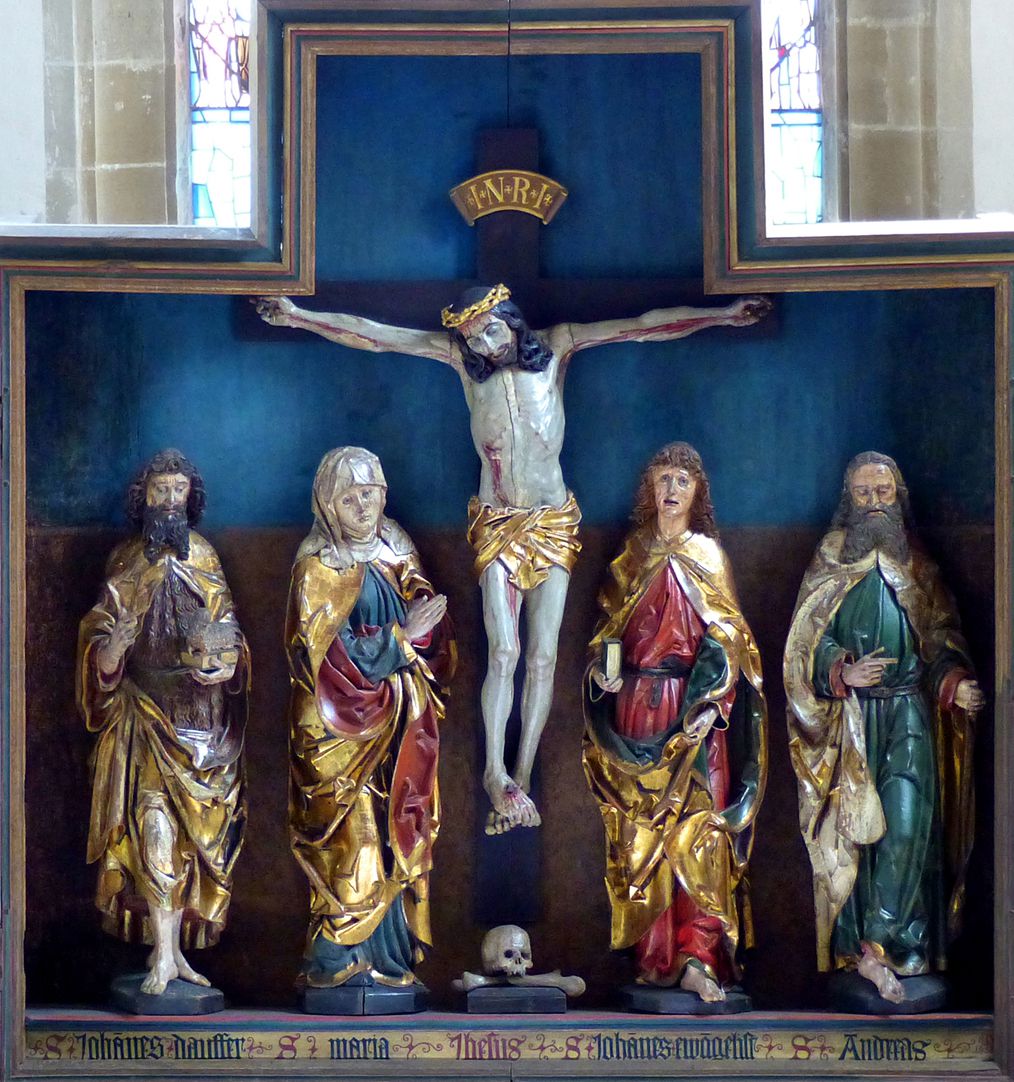 Hochaltar der Johanneskirche (Crailsheim) Schrein von l. nach r.: Johannes d. T., Maria, Jesus, Johannes Evangelist, Andreas