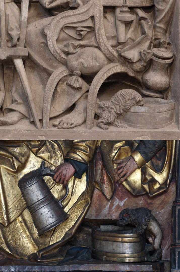 Crispinusaltar Vergleichsbild: oben, Volckamer Epitaph 1499 in St. Sebald / unten, Mittelschrein untere rechte Ecke