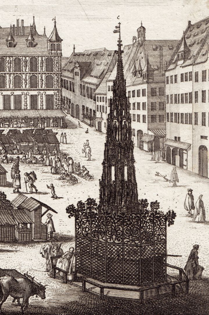 Der Grosse Markt zu Nürnberg Detail mit Schönen Brunnen