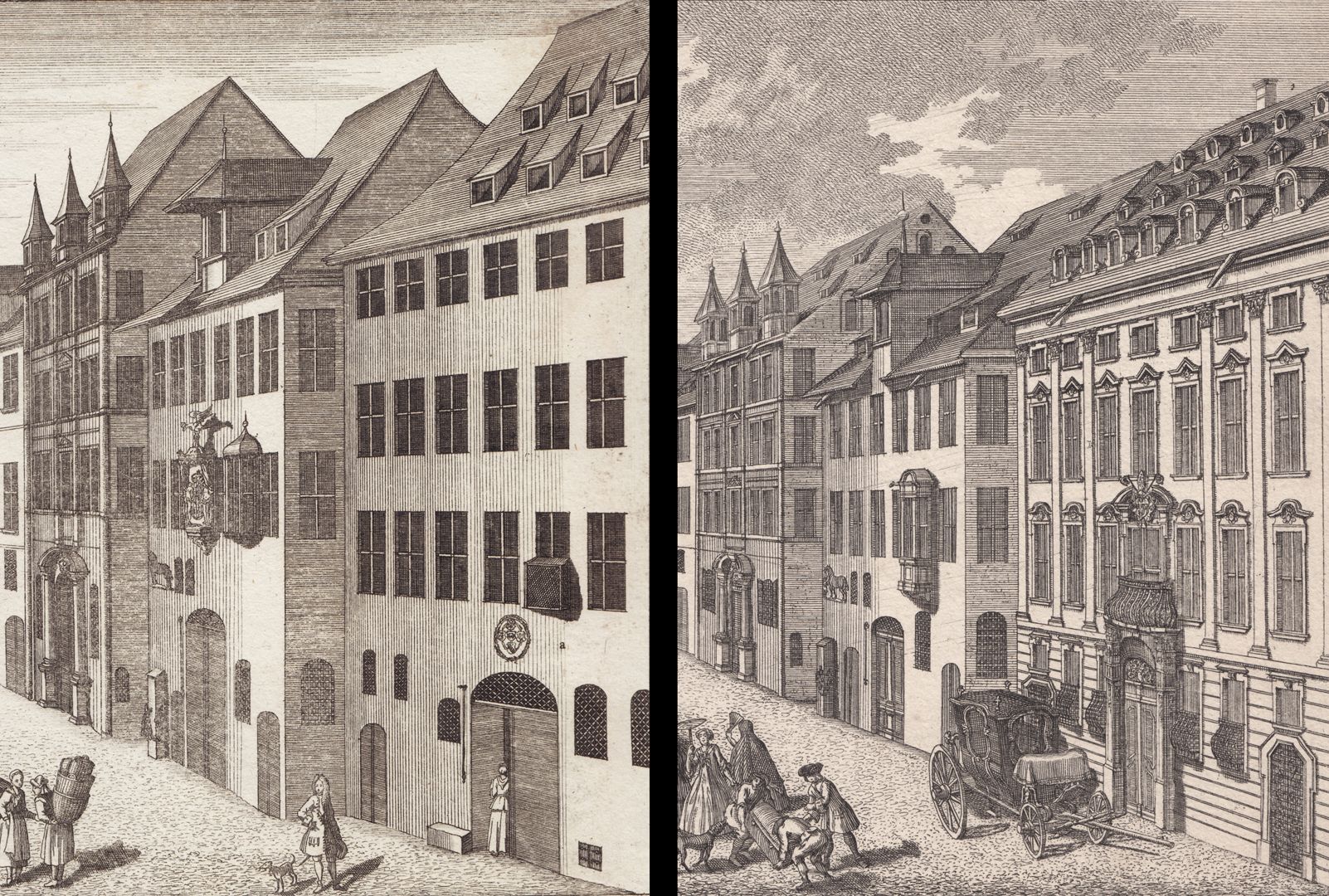 Roßmarkt Bildvergleich: Ebracher Hof Zustand 1716 und mit neuer Barockfassade