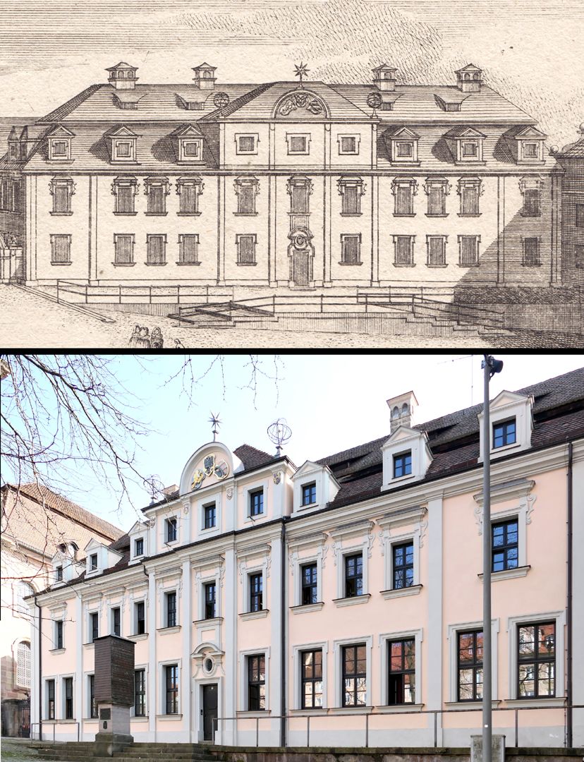 Egidien Kirche und Gymnasium Bildvergleich: Altes Melanchthon Gymnasium / unten der heutiger Zustand