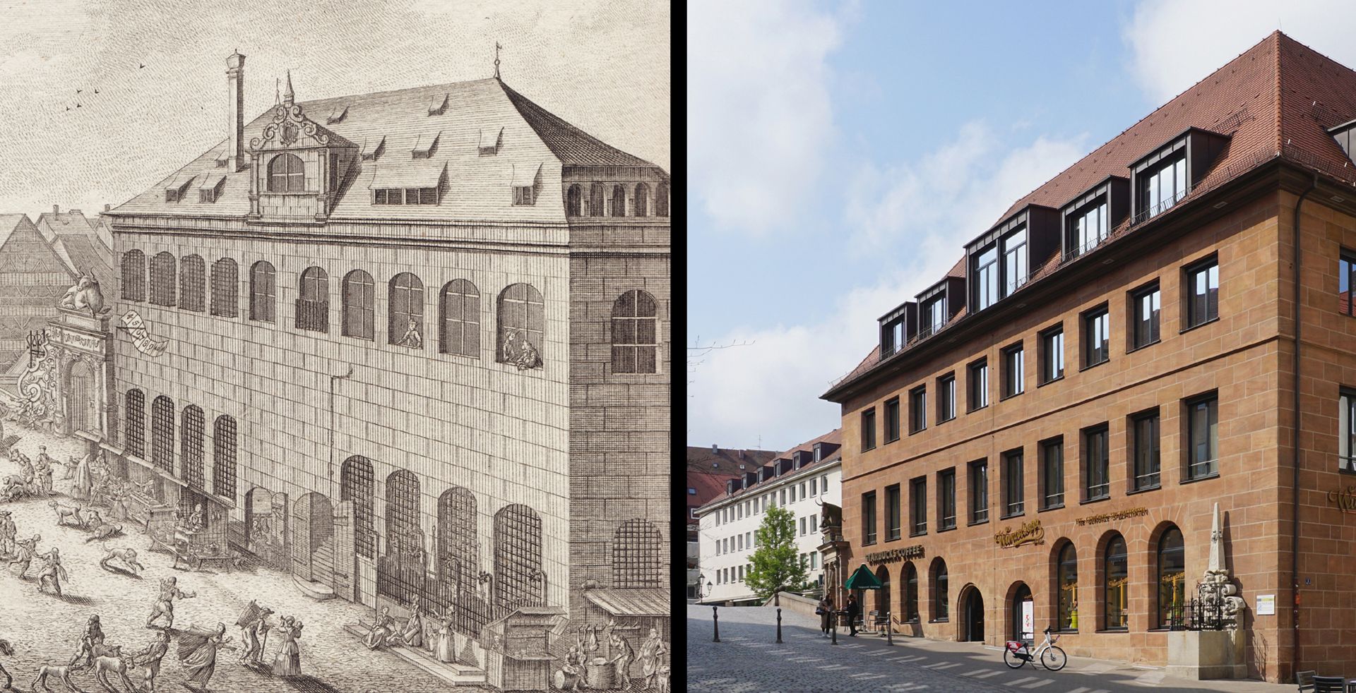 Prospect auf der Fleisch=Brücke zu Nürnberg Vergleichbild mit heutigem Zustand