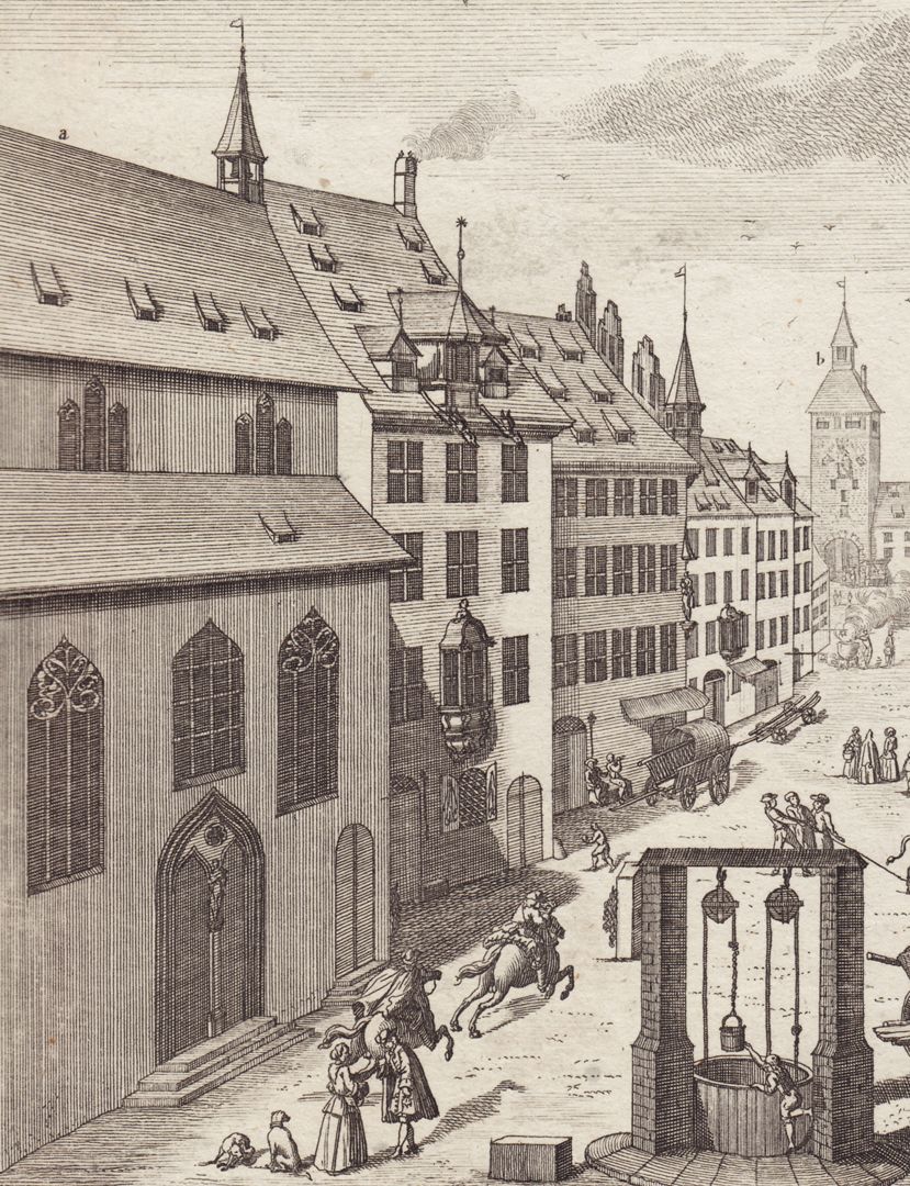 Kornmarkt Detailansicht: links St. Salvatorkirche (a), rechts Weißer Turm (b)