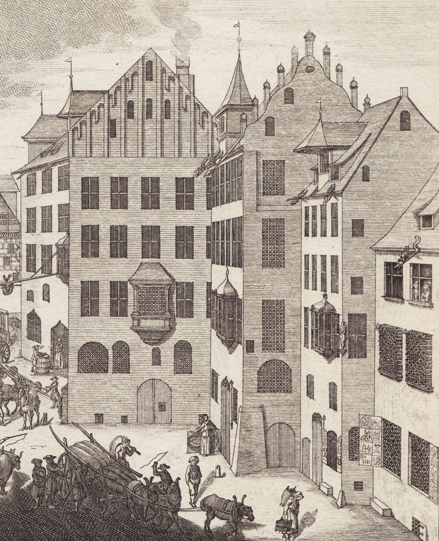 Kornmarkt Detailansicht mit Häusern am Kornmarkt (heute Josephsplatz), links das Haus „zur Rose“.