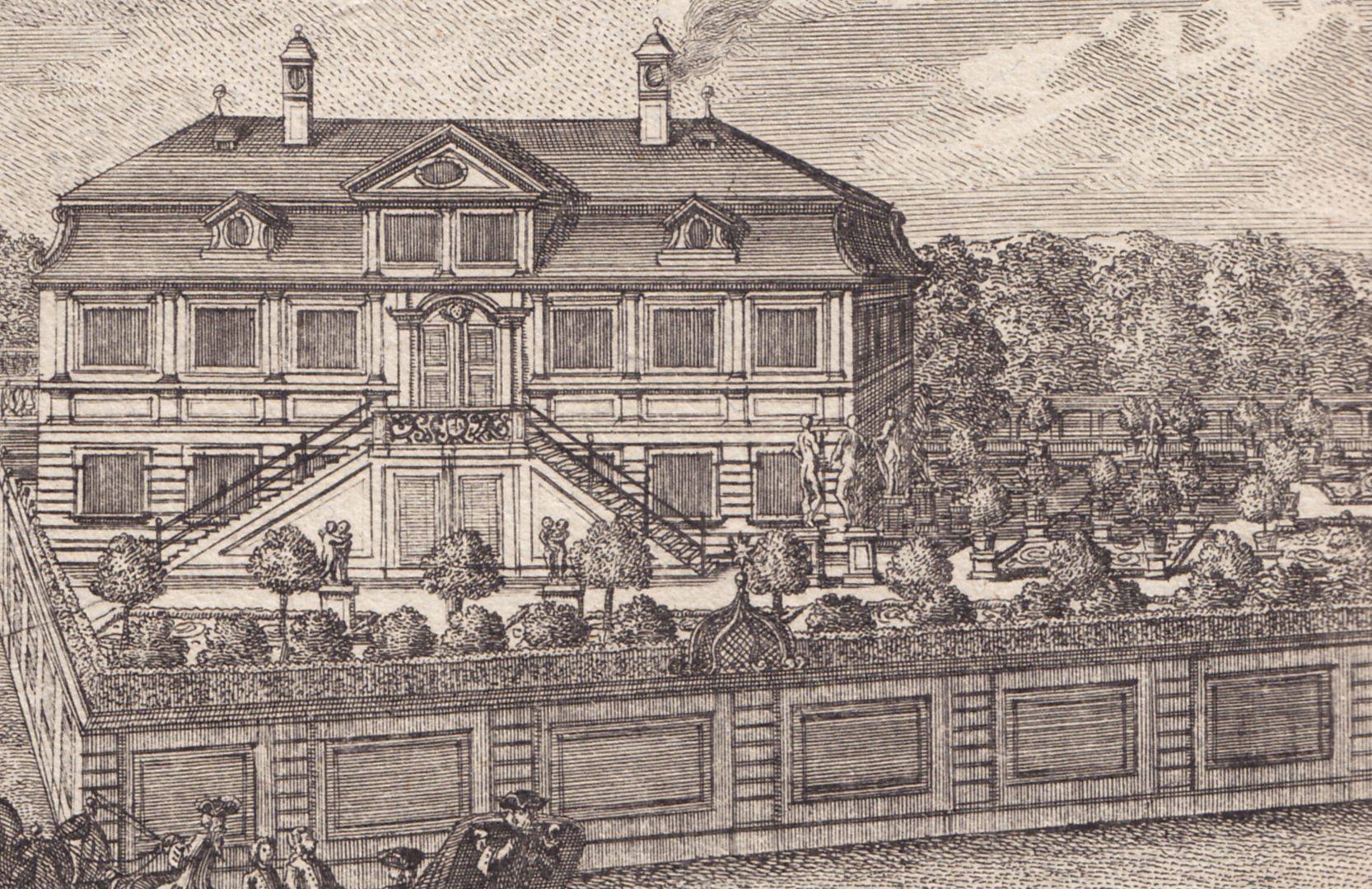 Prospect beÿ dem Neuen Thor, zu Nurnberg Detailansicht mit Bürgerpalais der Barockzeit und Garten. Das im Zweiten Weltkrieg zerstörte Gebäude soll Stuckaturen von Donato Polli besessen haben.