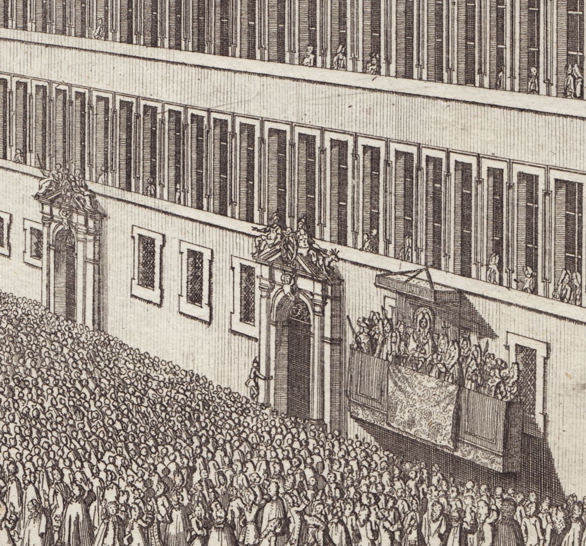 Prospect des Nürnbergischen Rath=hauses Detail mit Menschenmenge und Ehrentribüne am Rathaus