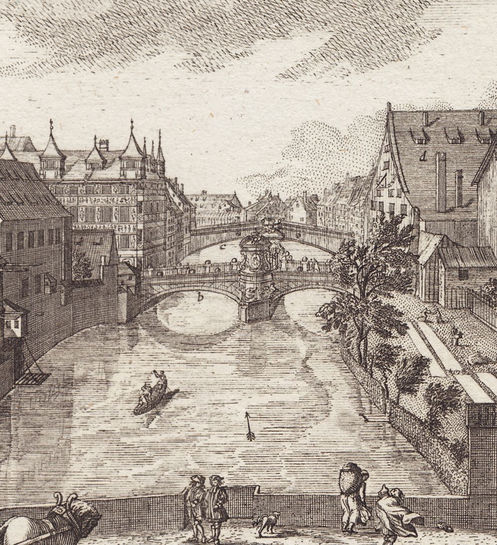 Prospect dreier steinerner Brücken Detailansicht mit Brücken über der Pegnitz von vorne nach hinten: Schuldbrücke, Königsbrücke (heute Museumsbrücke) und Fleischbrücke