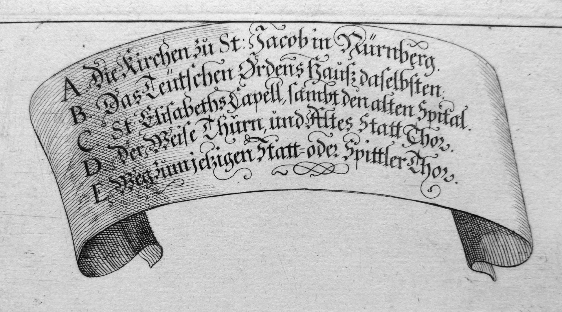 „Urbis Norimbergensis Insigniorum Templorum …“ Deutschordenshaus und St. Jacob Bildlegende
