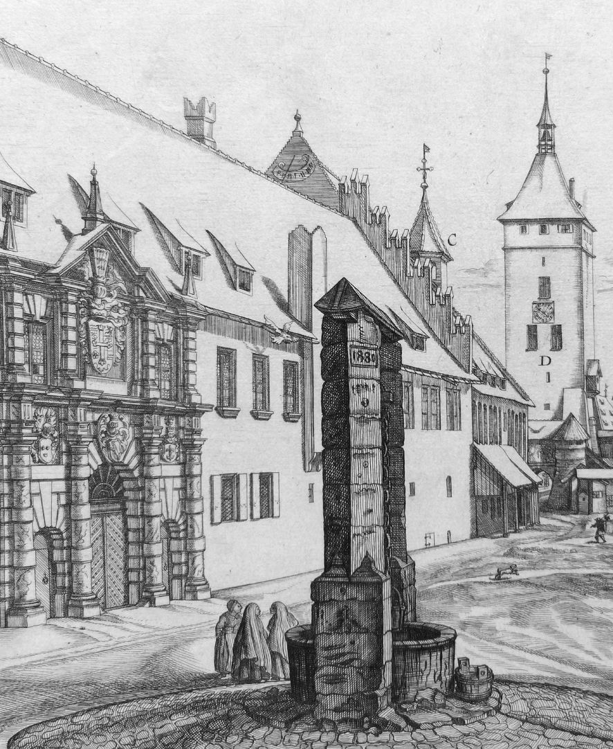 „Urbis Norimbergensis Insigniorum Templorum …“ Deutschordenshaus und St. Jacob Bildausschnitt mit Deutschordenshaus, St. Elisabethkapelle samt dem alten Spital und Weißem Turm