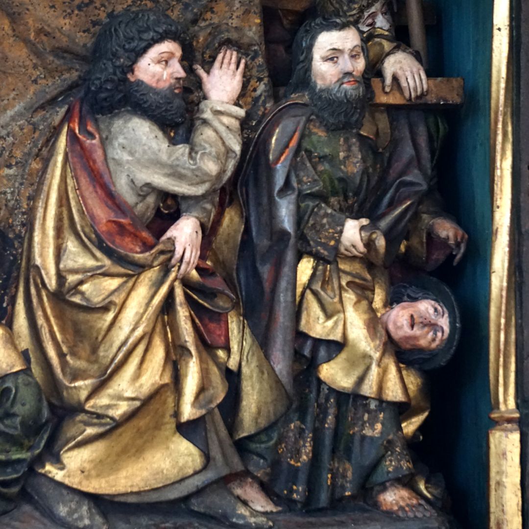 Dreikönigsaltar Predella, Die Jünger tragen Marias Sarg, Detail