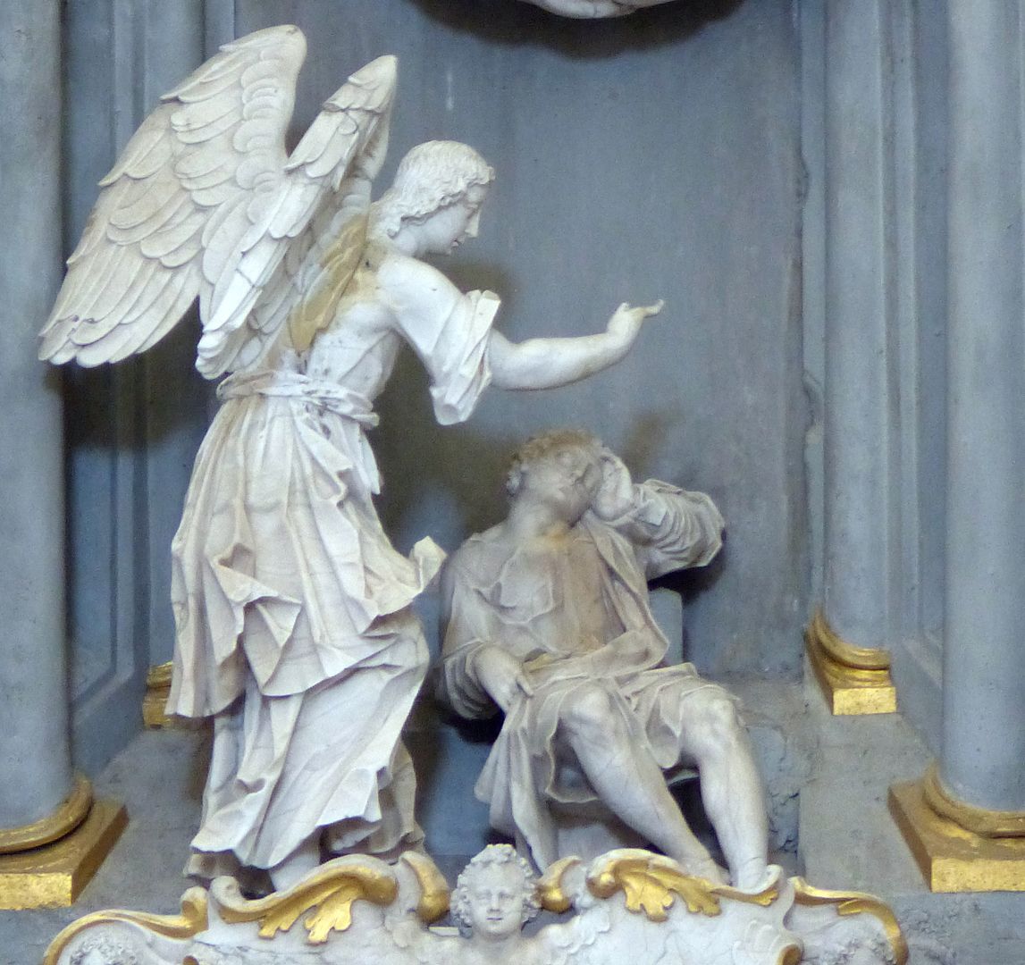 Altar des hl. Bernhard Hauptgeschoss: Vision, der noch als Laie gekleidete Bernhard schaut die Geburt Christi, Detail
