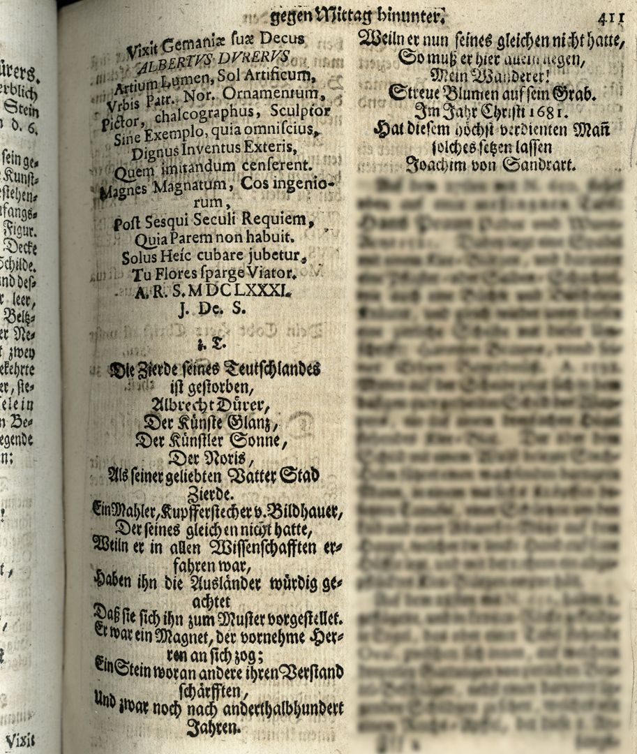 Albrecht Dürer Grabstätte Auszug aus Joh. Martin Trechsels, Großkopf genannt: "Verneuertes Gedächtnis des nürnbergischen Johannis Kirch Hof ..." , Franckf. & Leipzig 1735