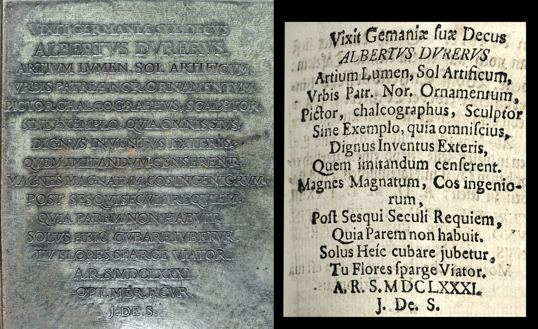 Albrecht Dürer Grabstätte Lateinische Inschrift und Auszug aus Joh. Martin Trechsels, Großkopf genannt: "Verneuertes Gedächtnis des nürnbergischen Johannis Kirch Hof ..." , Franckf. & Leipzig 1735