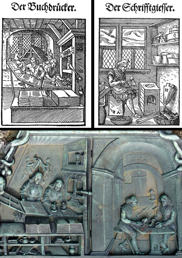 Epitaph der Buchdrucker-, Setzer- und Schriftgießer-Begräbnis Vergleichsbilder zweier "Berufsbilder" aus dem Ständebuch (1568) von Jost Amman