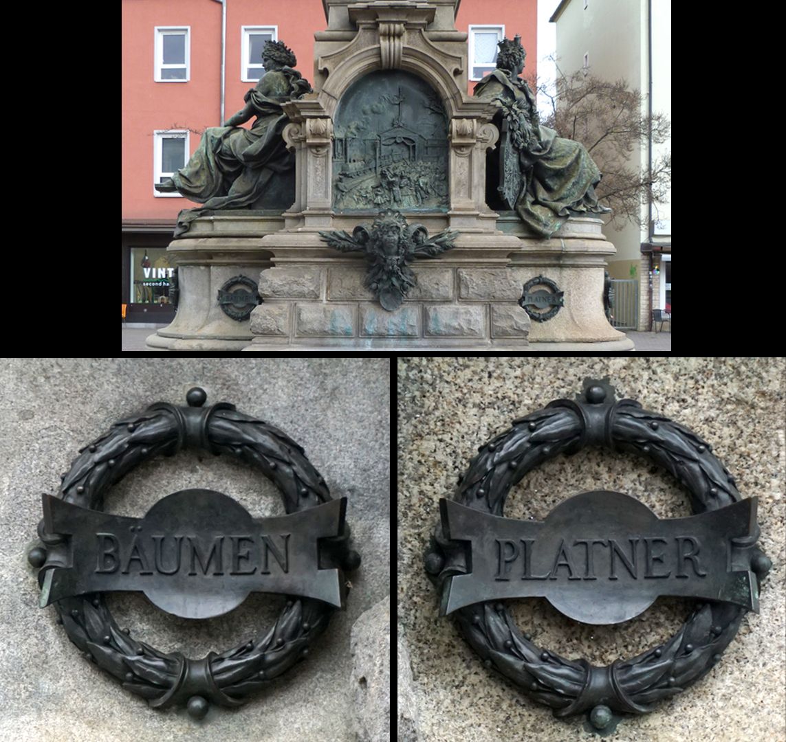 Ludwigseisenbahn-Denkmal Südseite, zwei Lorbeerkränze mit den Namen BÄUMEN (Franz Joseph von Bäumen, 1784 - 1861, 1. Bürgermeister von Fürth) und PLATNER (Georg Zacharias Platner, 1781 - 1862, Hauptaktionär und Direktor der "Ludwigs-Eisenbahn-Gesellschaft-Nürnberg")