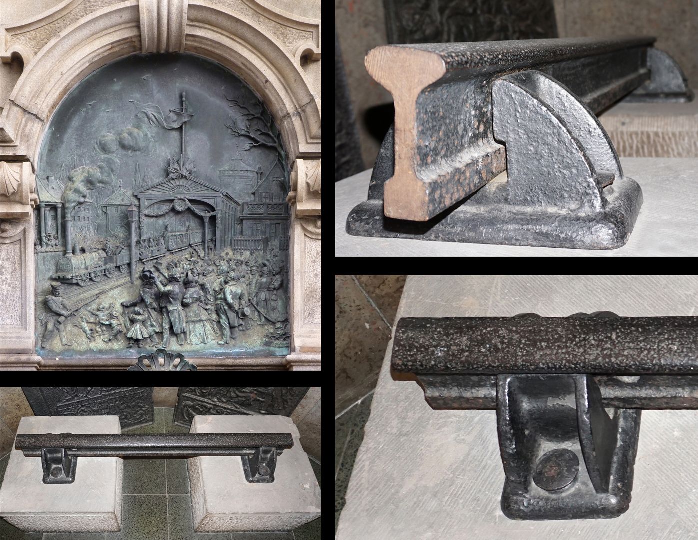 Ludwigseisenbahn-Denkmal Reliefbild der Südseite und Teil einer Originalschiene gewalzt von der Firma Rasselstein in Neuwied (1835)