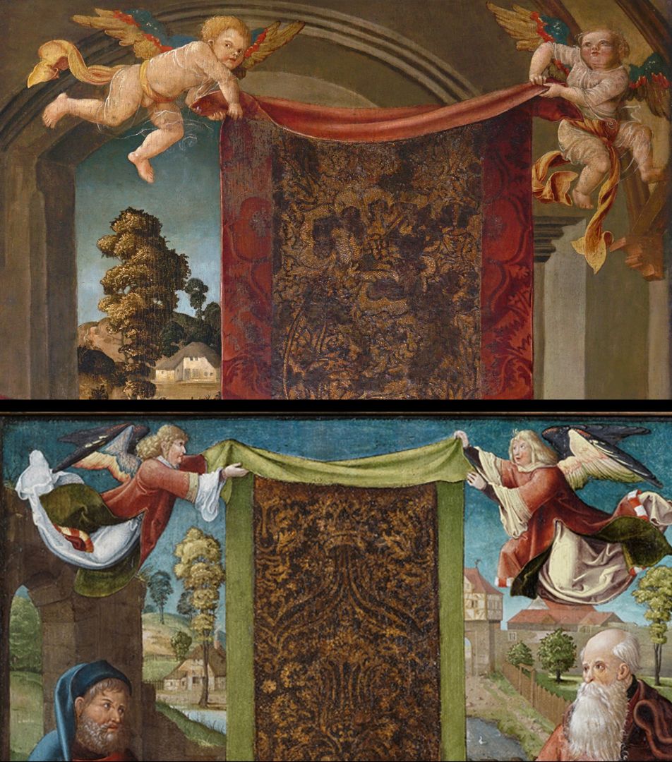 Epitaph für Anna Oelhafen (geb. Pfinzing) Bildvergleich der Vorhang haltenden Engel: oben Epitaph der Anna Oelhafen (nach 1506) / unten Heilige Sippe in der Frauenkirche (um 1520)