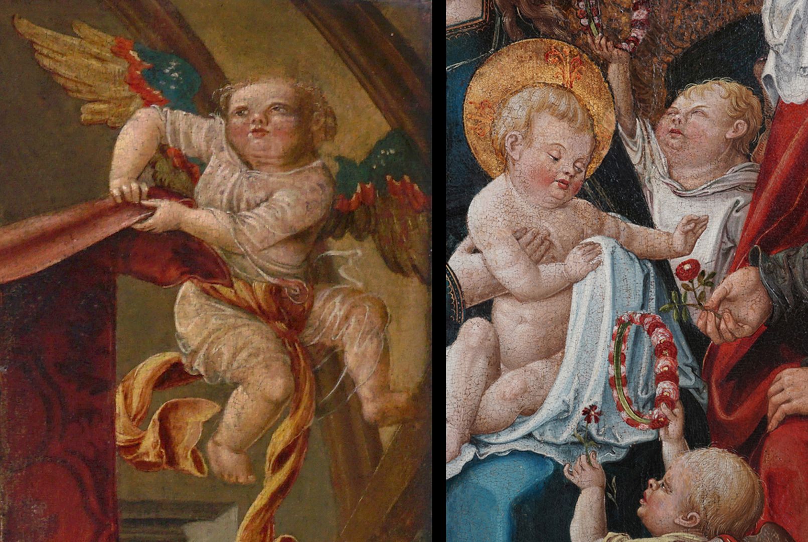 Epitaph für Anna Oelhafen (geb. Pfinzing) Bildvergleich: oben ein Engel aus dem Epitaphbild der Anna Oelhafen (nach 1506) / rechts Jesukind und zwei Engel aus der Heiligen Sippe in der Frauenkirche (um 1520)