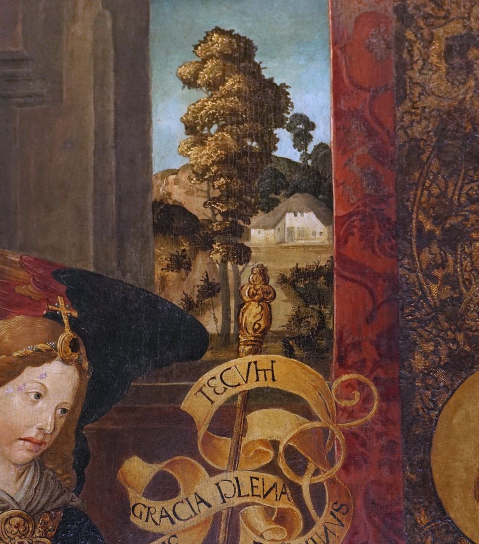 Epitaph für Anna Oelhafen (geb. Pfinzing) Landschaft mit Haus im Hintergrund