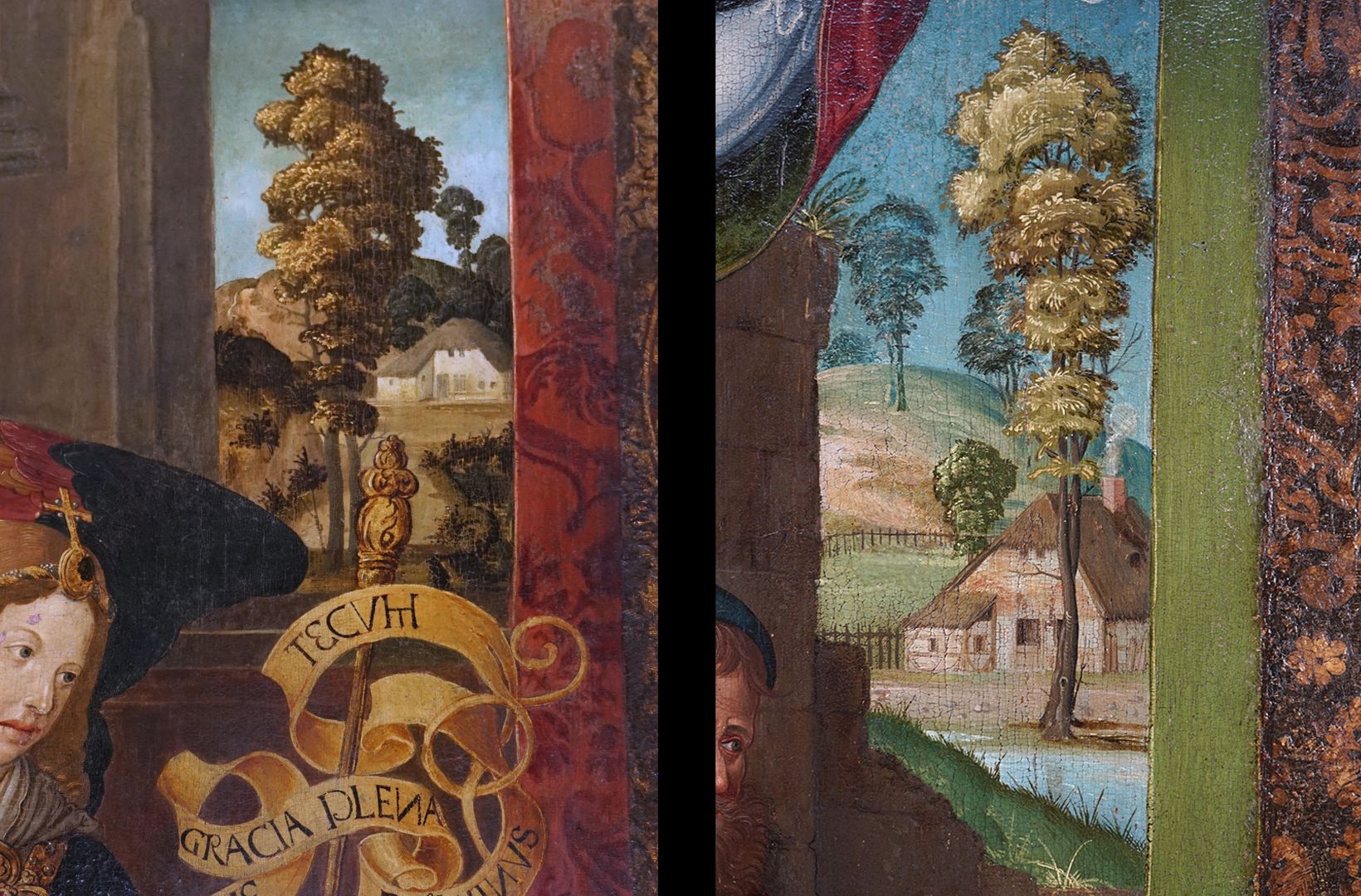 Epitaph für Anna Oelhafen (geb. Pfinzing) Bildvergleich: links Landschaft mit Haus im Hintergrund / rechts Detail aus dem Gemälde der Heilige Sippe in der Frauenkirche (um1520)