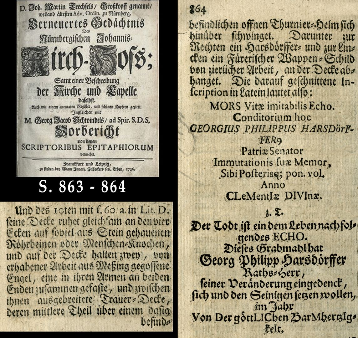 Epitaph des Georg Philipp Harsdörffer Auszug aus Joh. Martin Trechsels, Großkopf genannt: "Verneuertes Gedächtnis des nürnbergischen Johannis Kirch Hof ..." , Franckf. & Leipzig 1735