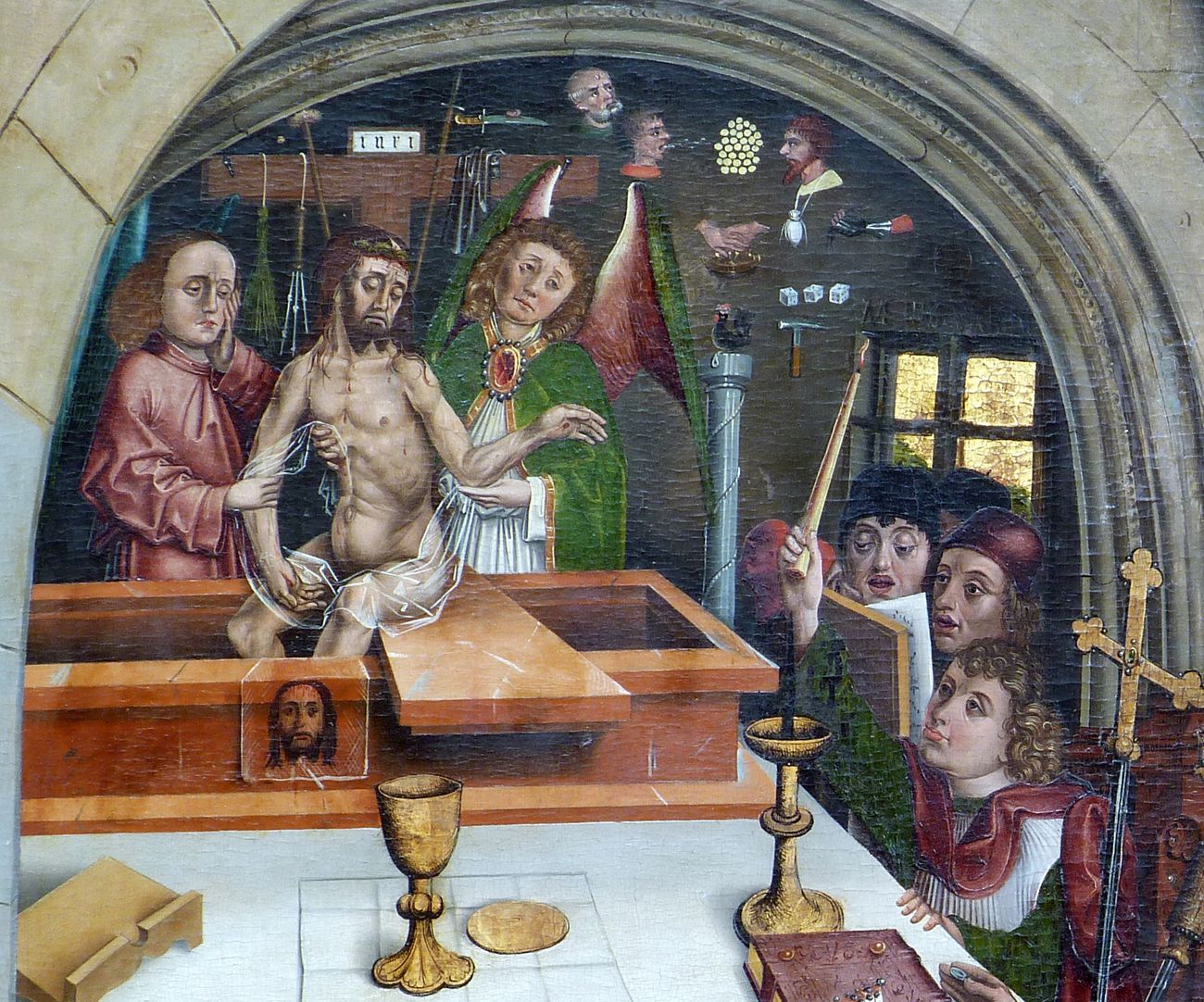 Epitaph des Hans Mayer (gest. 21.8.1473) und Ehefrau Kunigunde, geborene Sternecker (gest. 23.3.1450) Christus erscheint aus dem Grab, von Engeln gehalten