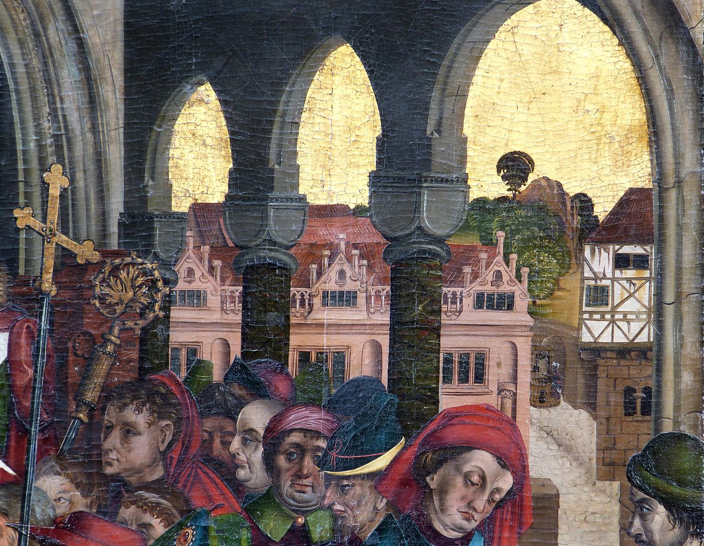 Epitaph des Hans Mayer (gest. 21.8.1473) und Ehefrau Kunigunde, geborene Sternecker (gest. 23.3.1450) Detail mit dem "alten Zustand" des Grolandschen Anwesens am Egidienberg