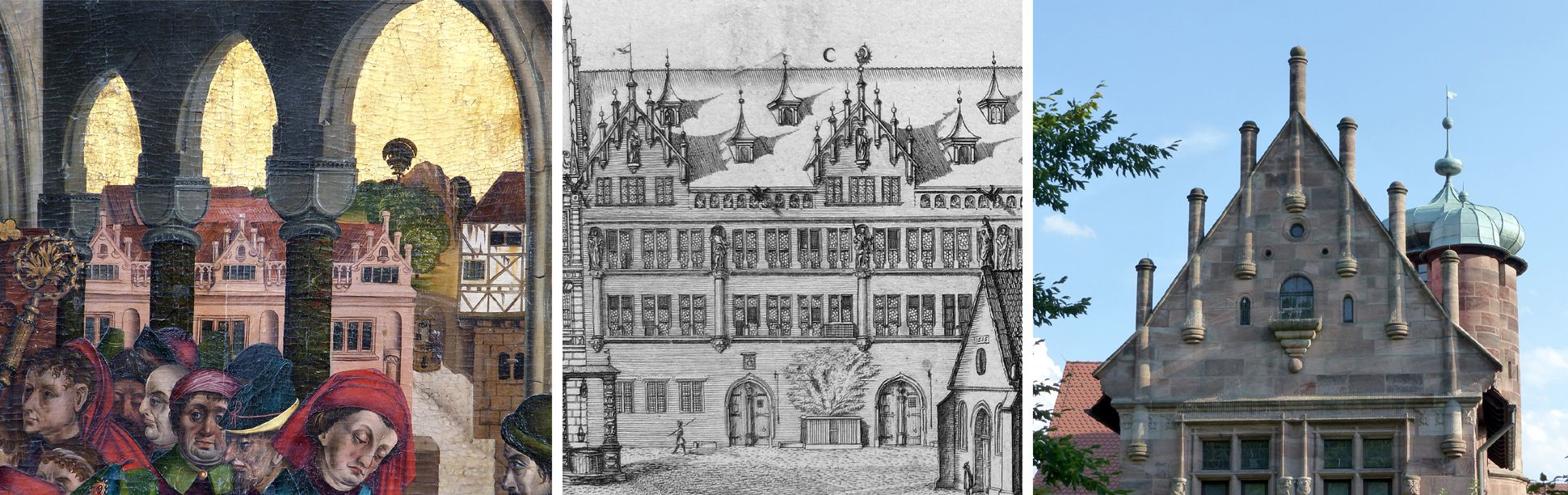Epitaph des Hans Mayer (gest. 21.8.1473) und Ehefrau Kunigunde, geborene Sternecker (gest. 23.3.1450) links: Blick auf das Grolandsche Anwesen (Egidienberg); Mitte: Graffs Darstellung desselben Motivs (1682); rechts: Giebel des Tucherschlösschens (1533-1544)