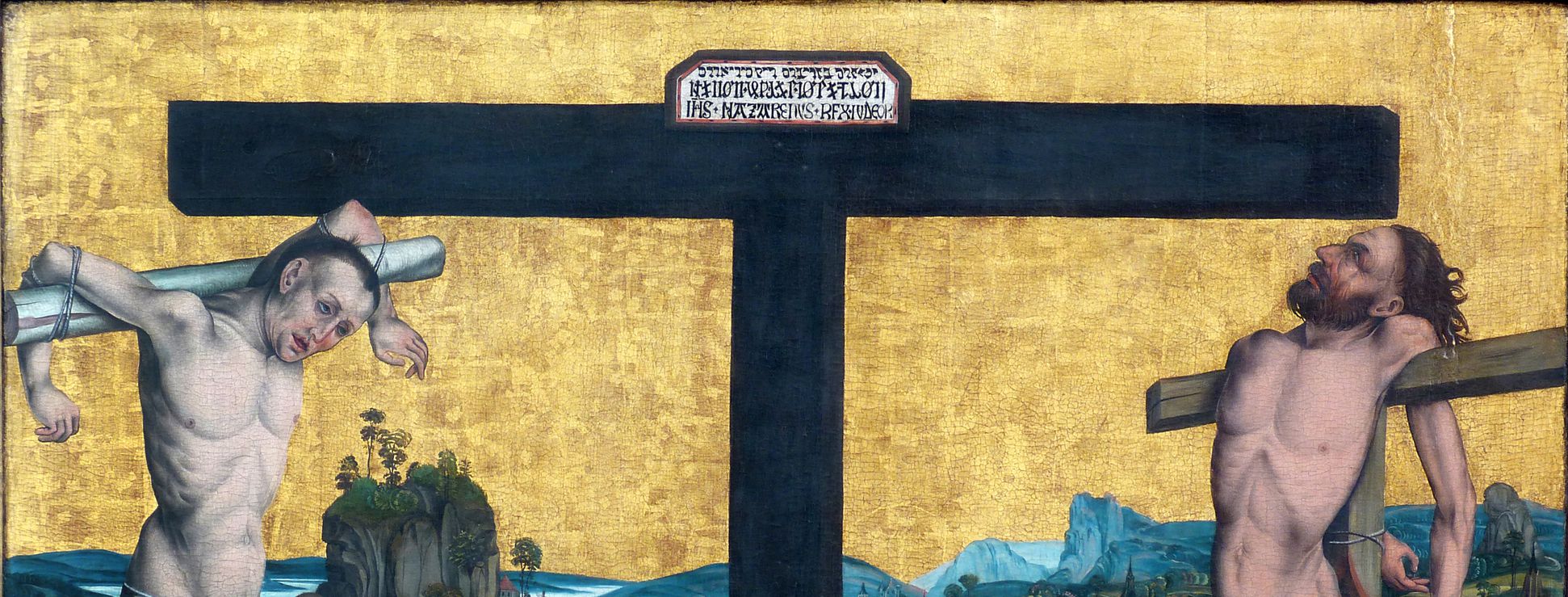 Epitaph für Georg Keyper Kreuz mit Inschrift, links Dismas, rechts Gismas