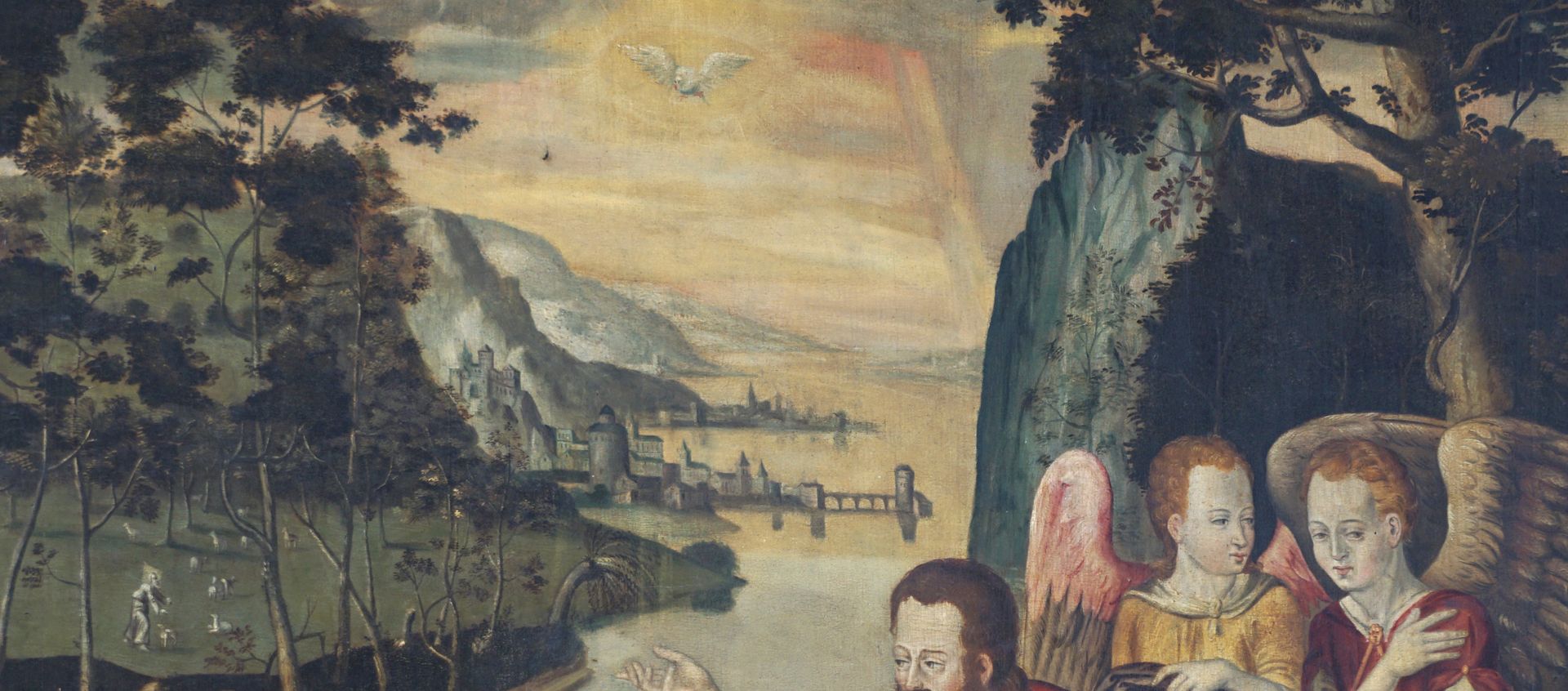 Epitaph Oertel Landschaft im Hintergrund, oben in der Mitte der Heilige Geist